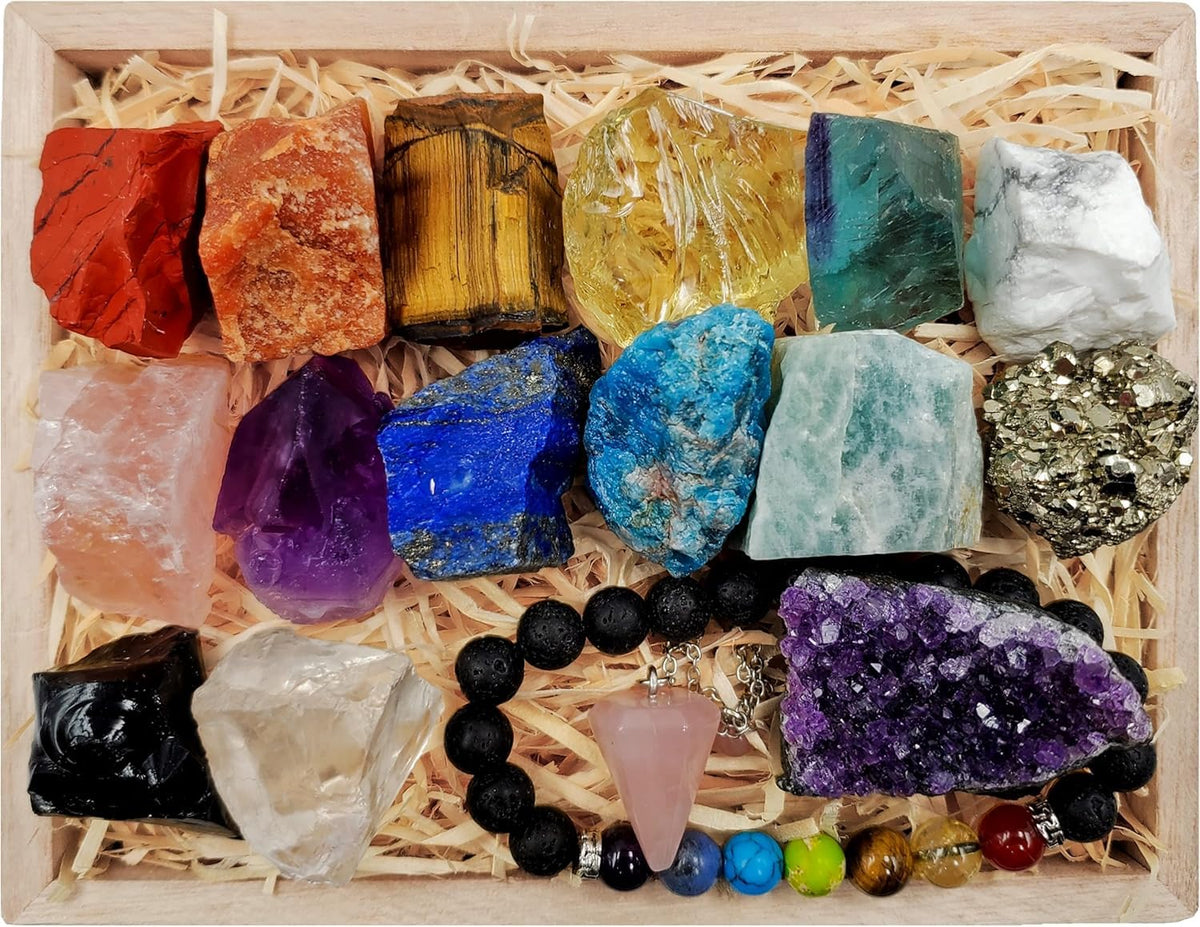 Crystals and Healing Stones Premium Kit Wooden Box - Chakra Stones Healing Crystals Set, Rose Quartz, Amethyst Cluster, Quartz Points, Chakra Pendulum (Raw Crystal Collection)