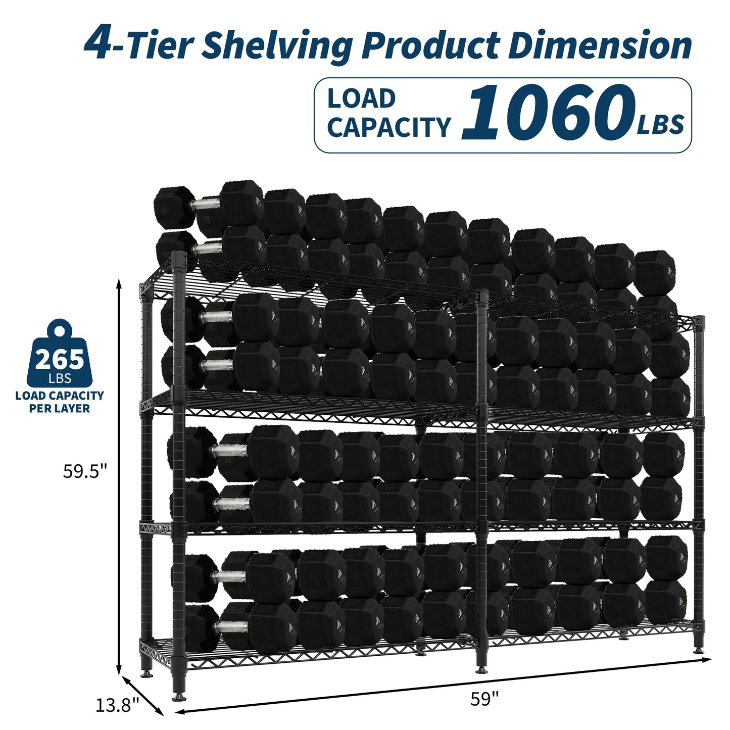 Garvee Storage Shelves 60" W Heavy Duty Metal Shelving Unit, 4-Tier Wire Rack Shelving for Kitchen Garage Storage, Load 1060LBS, Adjustable Wire Shelf for Pantry Room Basement, 13.8" Dx59.5 H, Black