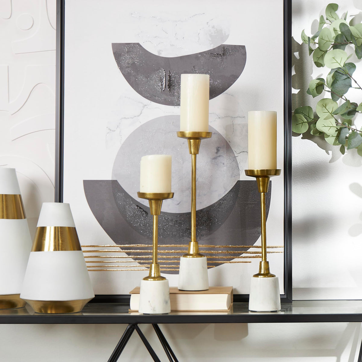 Deco 79 Aluminum Slim Candle Holder with White Marble Base, Set of 3 15, 13, 11" H, Gold