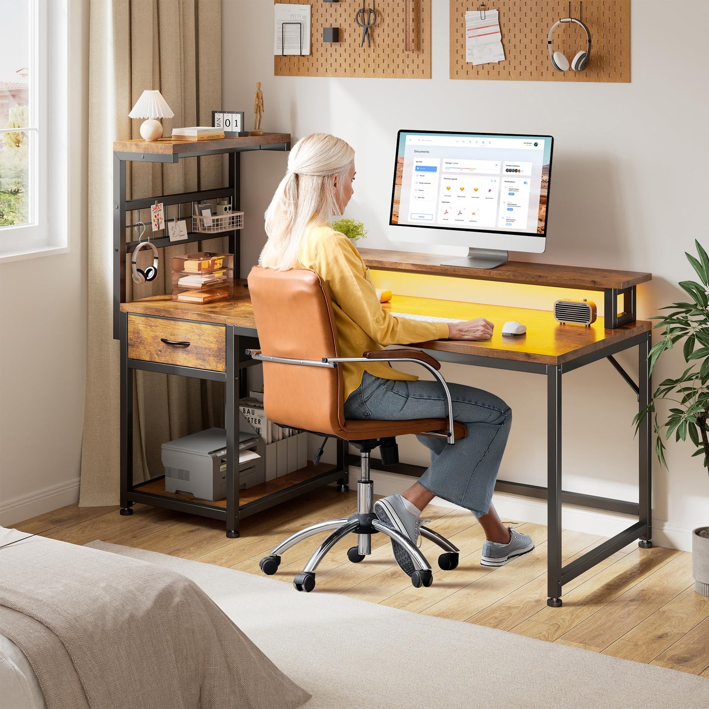 EnHomee 48" Computer Desk with Power Outlets & LED Lights, Gaming Desk with Drawer & Storage Shelves, Reversible Home Office Desk with Monitor Stand, for Living, Study Room, Gaming Room, Rustic Brown