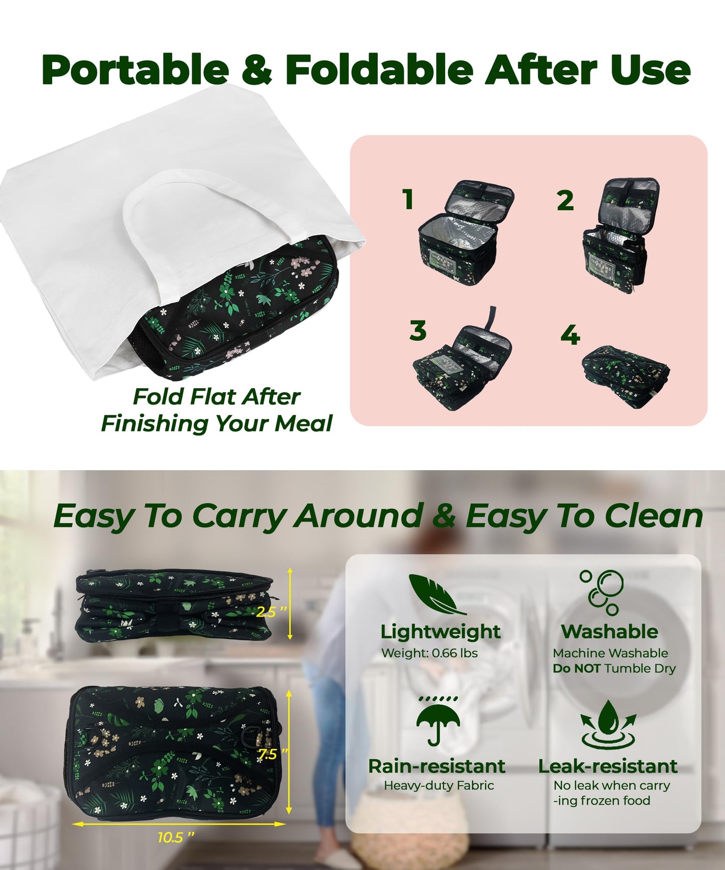 SUNNY BIRD Insulated Lunch Bag with Foldable and Leakproof Design, Thermally Insulated, Shoulder Strap for Women, Men and Teen (Floral & Foliage)
