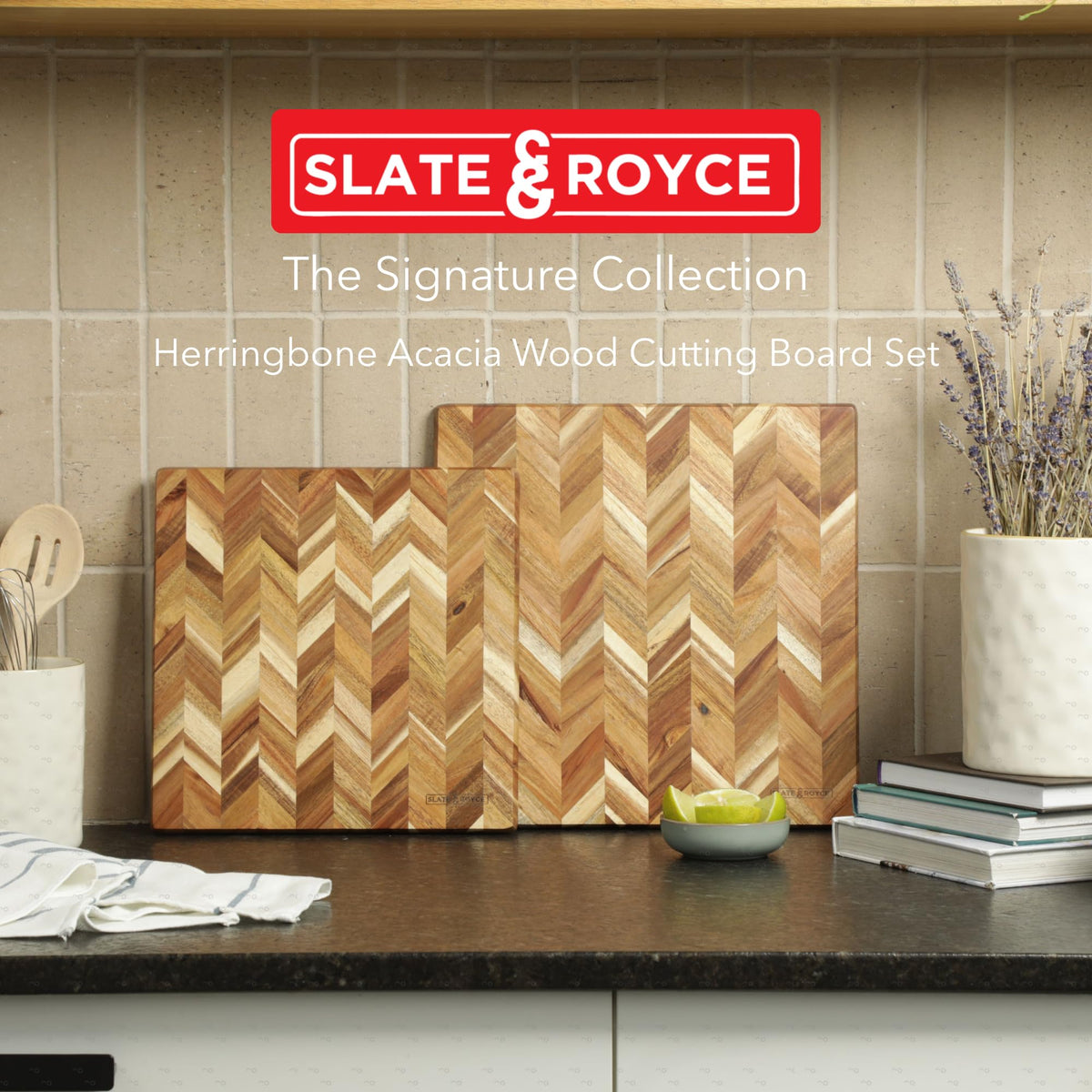 SLATE & ROYCE Herringbone Acacia Wood Cutting Board Set of 2 — Premium Wood Cutting Board & Serving Board, Non-Toxic, Kitchen Prep & Entertaining, Perfect Wedding or Housewarming Gift
