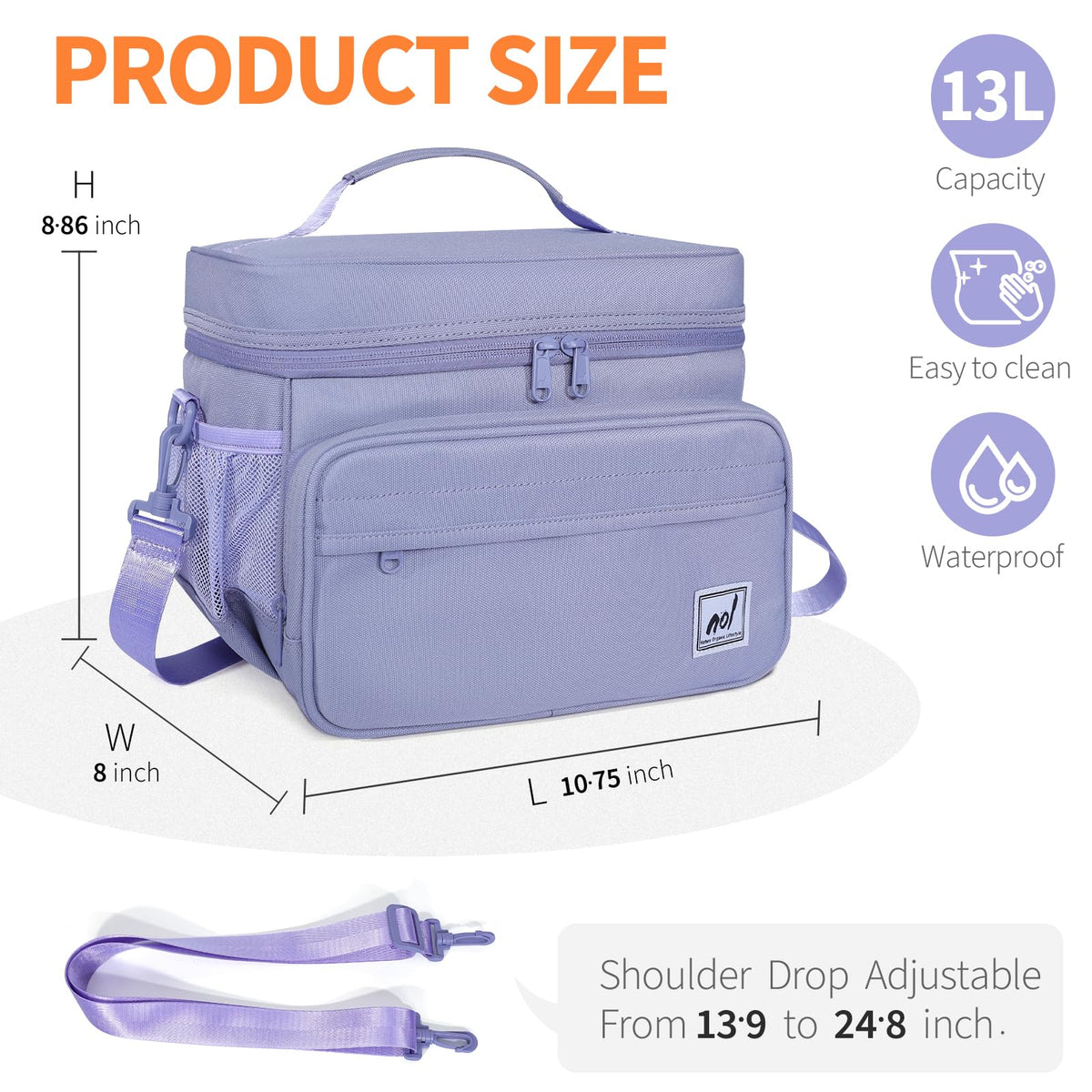 NOL Natural Organic Lifestyle Fully-Insulated Lunch Bags for Women & Men, Lightweight Nylon Cooler Bag for Adult Meal with Adjustable Shoulder Strap Waterproof Lunch Box For Work (Light purple)