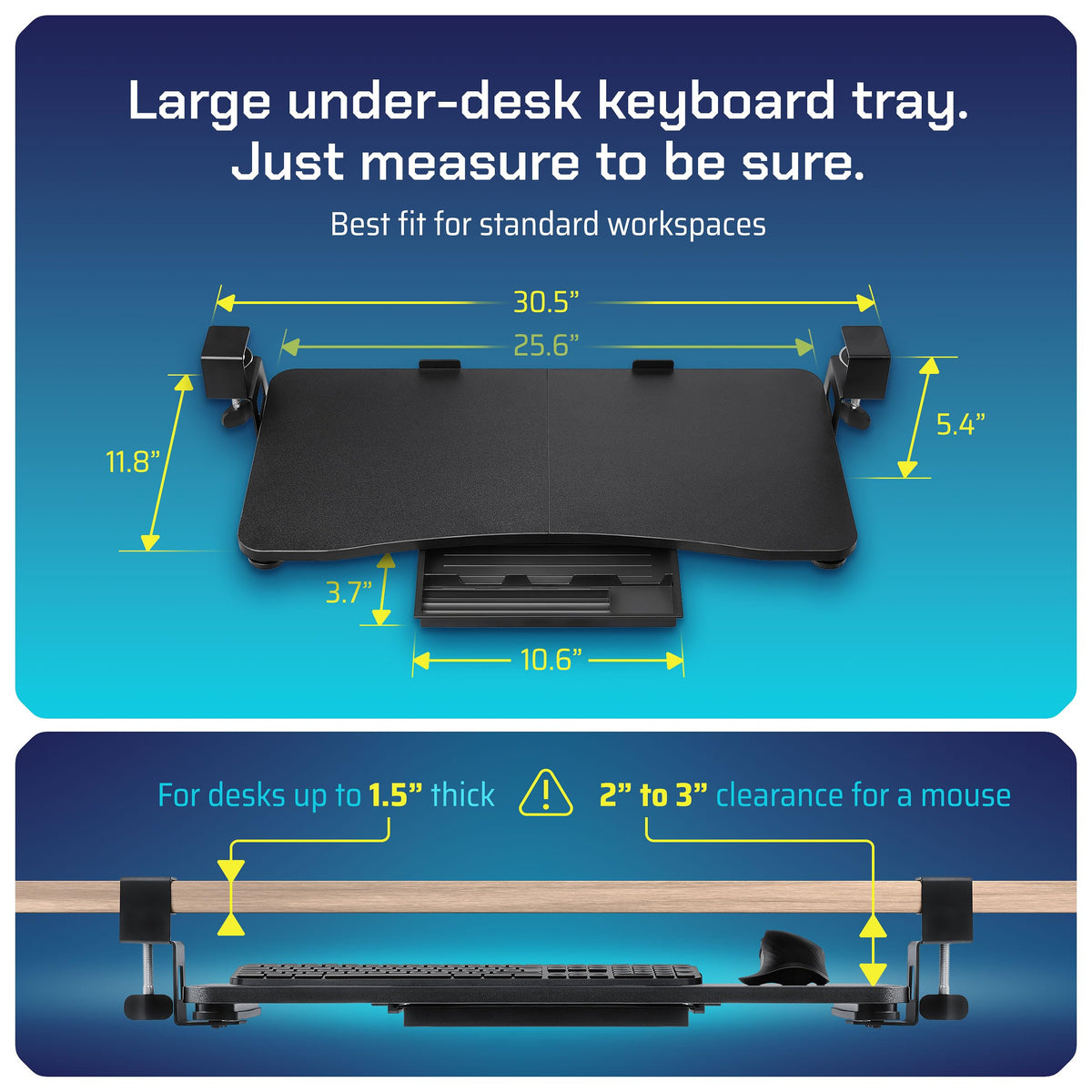 WORKNEST Keyboard Tray | Under Desk Keyboard Tray Slide Out w/Adjustable C-Clamps for Desks Up to 1.5-Inch-Thick | Clamp On Drawer with 1x USB-C to 4 USB-A Hub and 1x Five-Cable Management Organizer