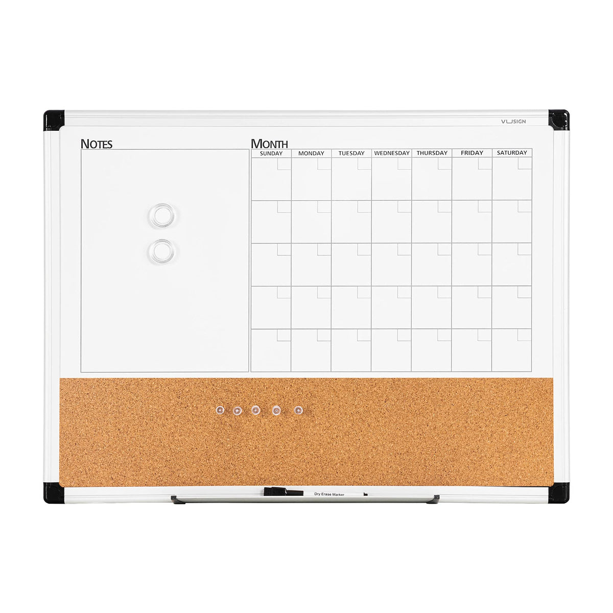 VUSIGN Monthly Calendar Whiteboard Dry Erase Cork Board Combo, 18" x 24" Planning Board, Silver Aluminium Frame