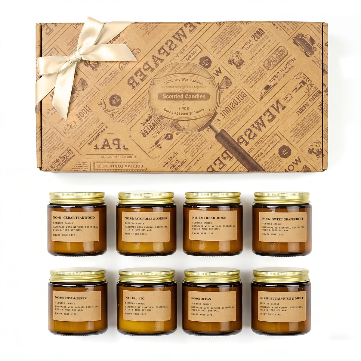 Scented Candles for Home, 8 Pack Soy Wax Candle Set, Aromatherapy Candles, Amber Jar Vintage Apothecary Style, 8 Scents Gift Set