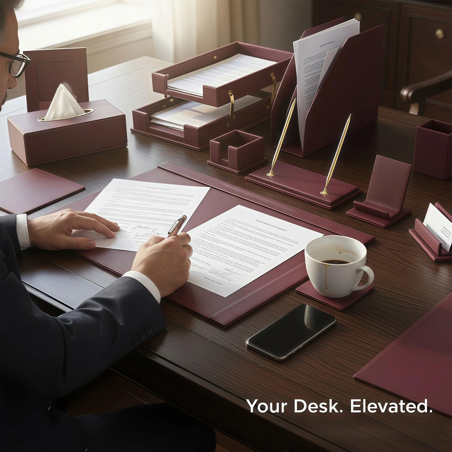 RitPin Desk Set,15-Piece Leather Desk Organizer Set, Executive Office Accessories with Desk Pad & Blotter, 2-Tier Tray, Pen Holder & More, Professional Office Desk Decor & Gift Set (Burgundy)