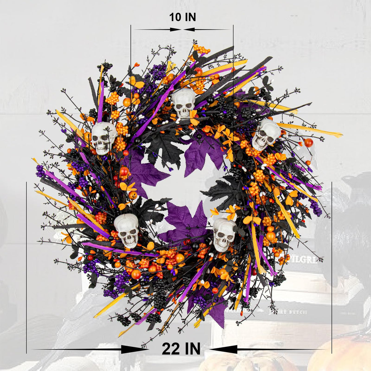LLZLL Halloween Wreaths for Front Door 22 Inch Halloween Wreath Artificial Skull Wreath with Maple Leaves and Berries for Gothic Decoration