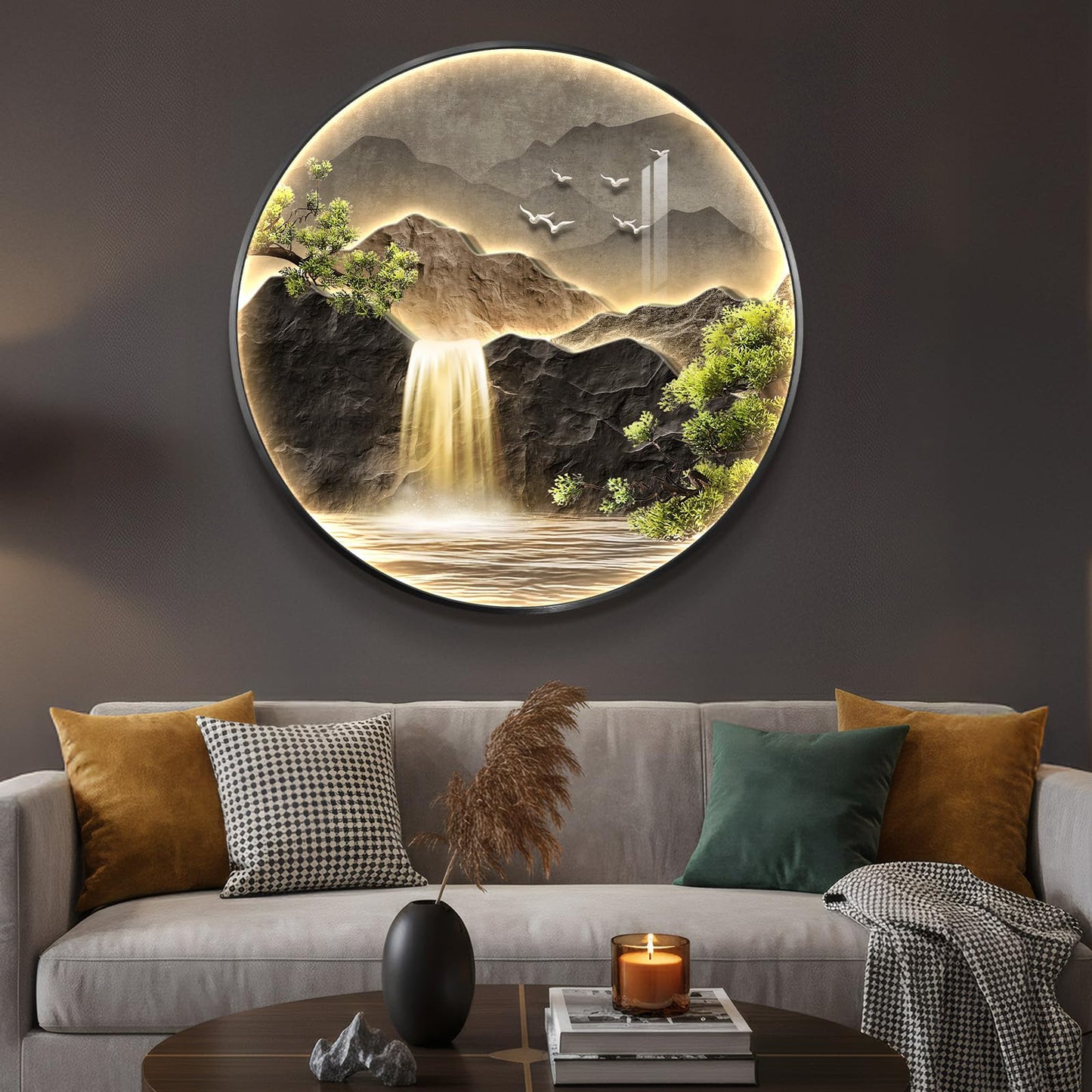 Large LED Mountain Waterfall Wall Art for Living Room, Framed Round Modern Lighted Landscape Picture Artwork for Walls, Backlit Nature Wall Decor for Hallway, Dining Room, Entryway, Office, 30x30 Inch