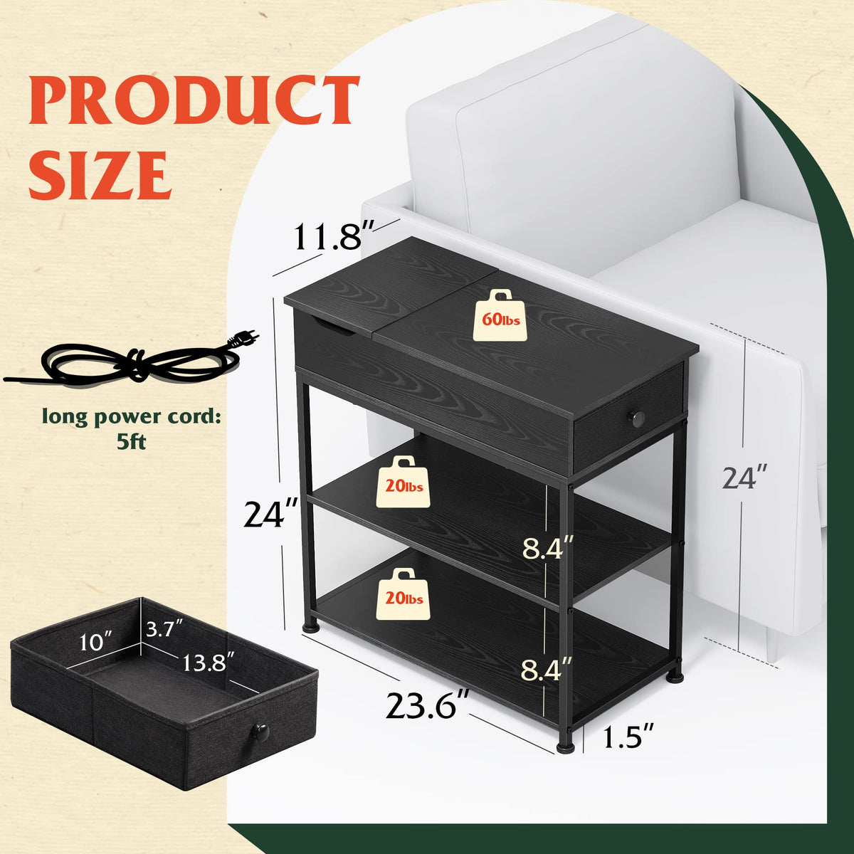 WLIVE Narrow Side Table with 2 USB Ports and 2 Outlets, Flip Top Black End Table with Drawer and Storage Shelves, Small Nightstand with Charging Station for Living Room/Bedroom