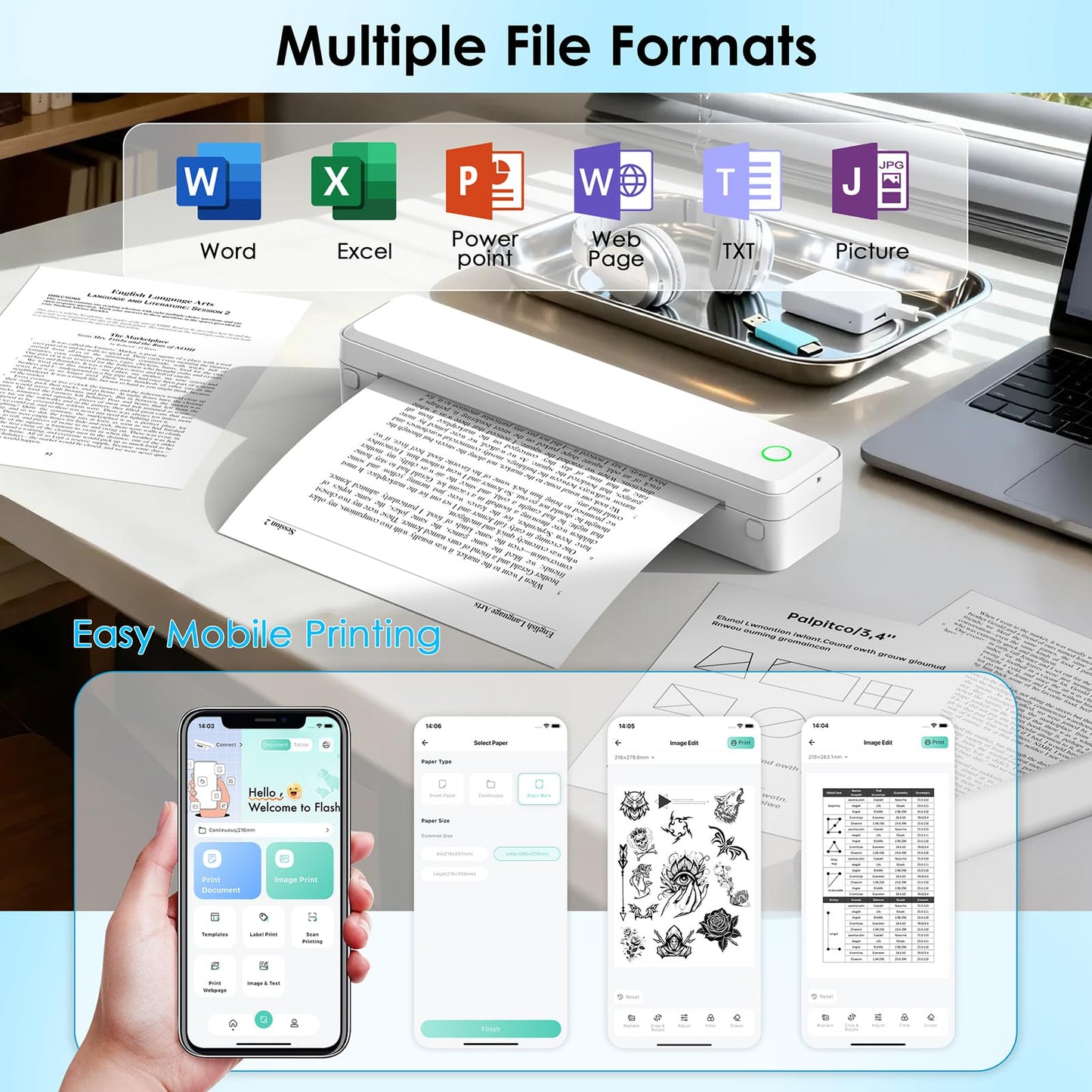 KNAON Bluetooth Thermal Printer, Portable Printer Wireless for Travel,Office&School, Includes 3 Rolls Paper – Supports US Letter,A4 Thermal Paper, Inkless Printing, Compatible with iOS,Android&Laptops