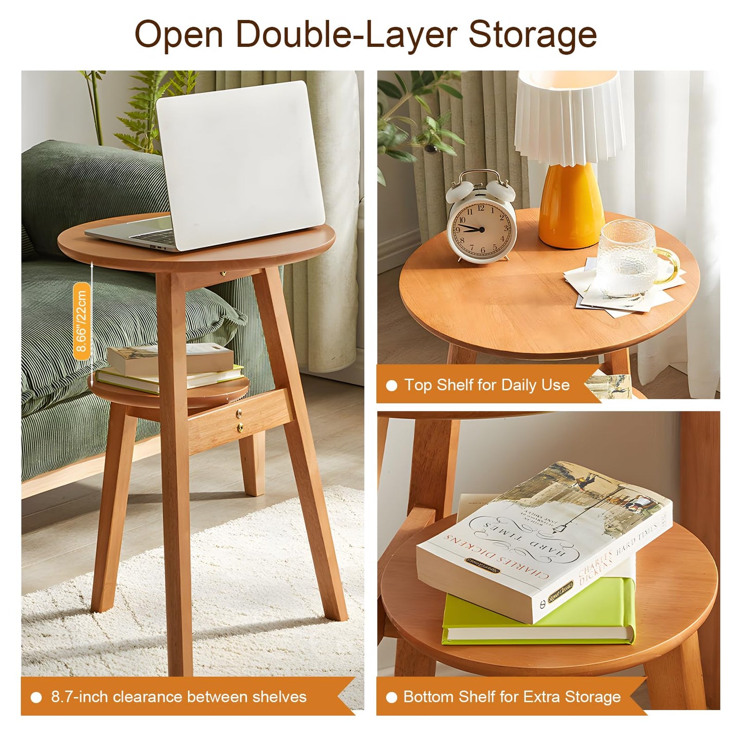 Towood Lifee Side Table, Small Round End Table with 2-Tier Shelf, Solid Wood Nightstand for Small Spaces, Mid Century Modern Accent Table for Living Room Bedroom, Natural