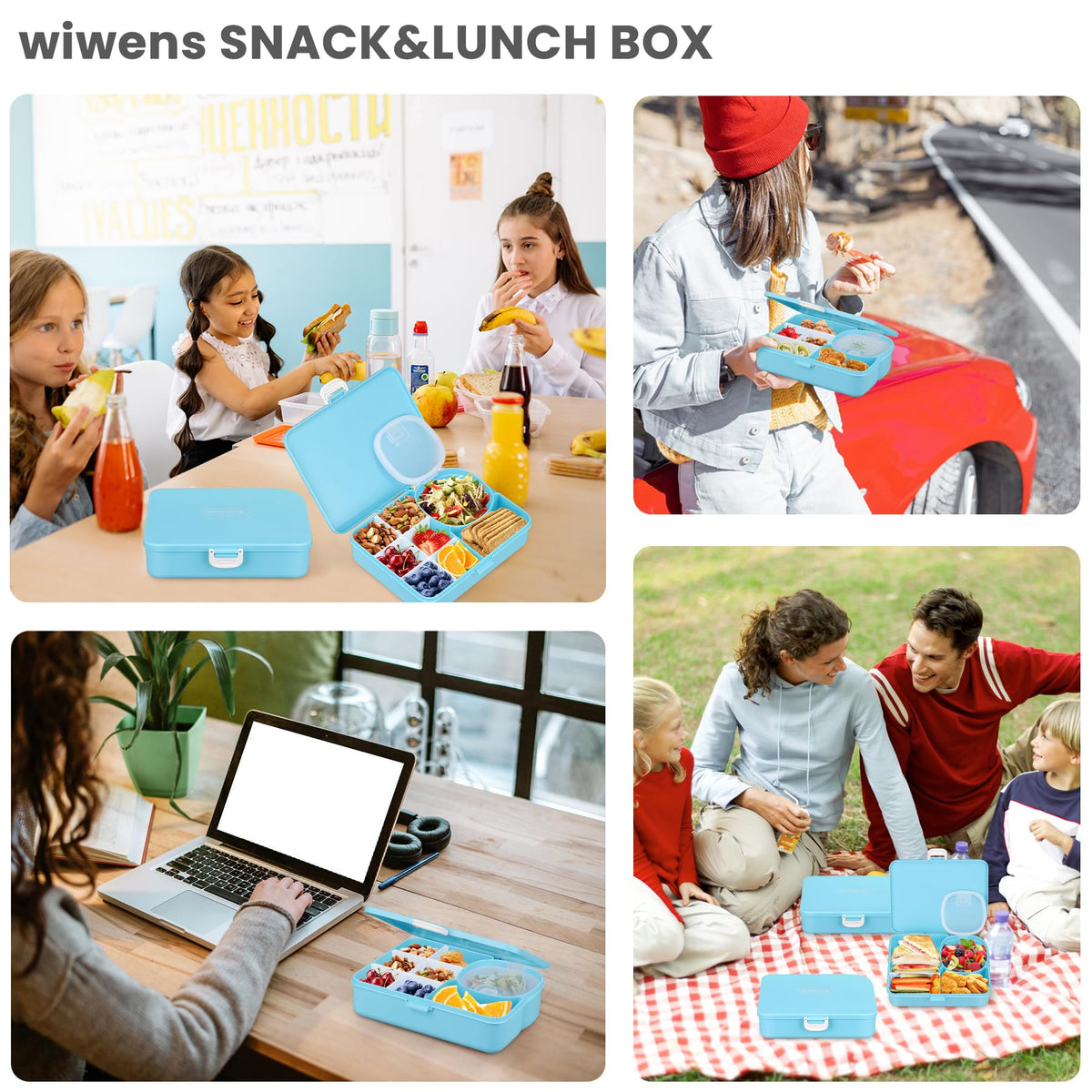 wiwens Snack Box Container for Kids Adults Reusable Snackle Box with Adjustable Dividers Airtight Snack Organizer with Compartents Toddler Bento Lunch Box Leak Proof for Office,School,Travel,Outdoor