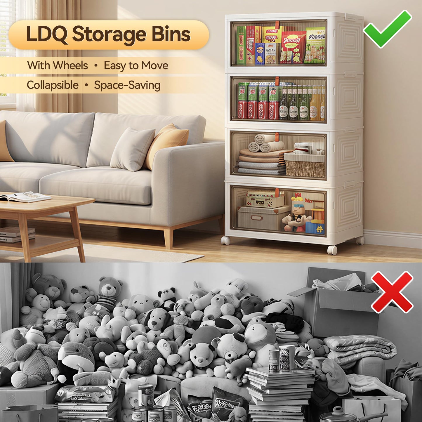 LDQ 4 Tier 136QT Foldable Storage Bins with Lids, Stackable Plastic Organizer Cabinet with Wheels, Multi-Purpose Containers for Living Room, Bathroom, Office & Dorm