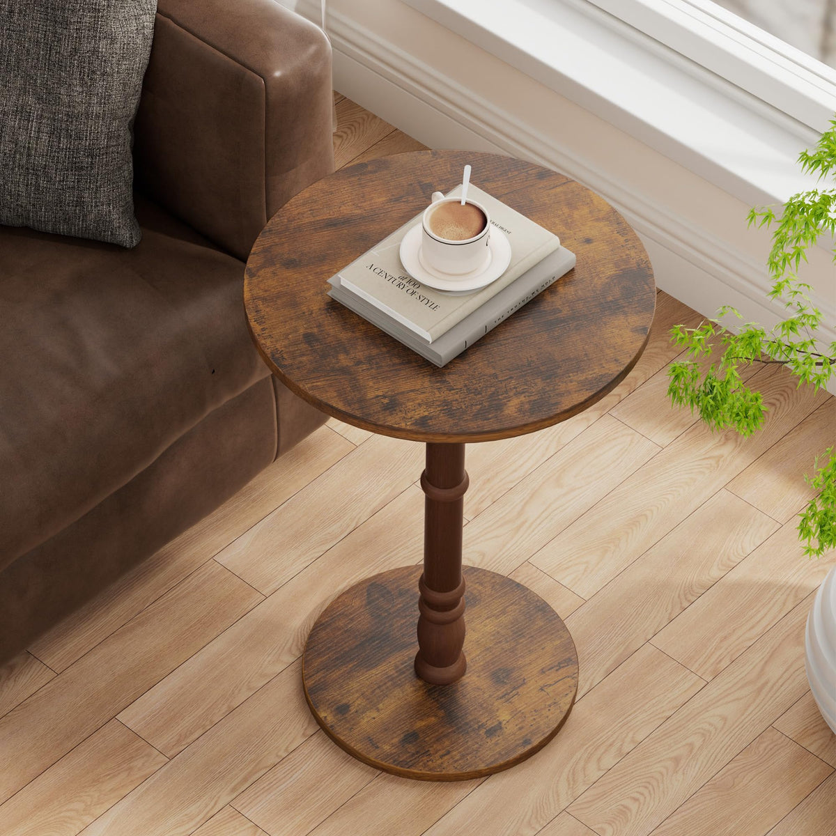 Homleke 16" Round Side Tables Set of 2, Solid Wood Pillar with Wood Top & Base, Small Drink Accent Table for Living Room, Bedroom, Sofa & Office, Easy Assembly, Rustic Brown