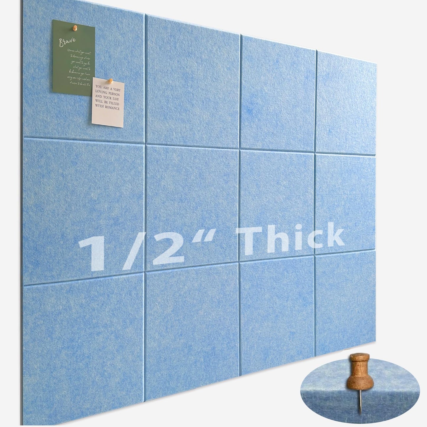 Large Cork Board for Office Wall Decor,48"x36"-12 Pack Felt Wall Tiles with Safe Removable Adhesive Tabs, Thicker 0.47in, Felt Bulletin Board Pin Board Cork Boards for Walls - Light Blue