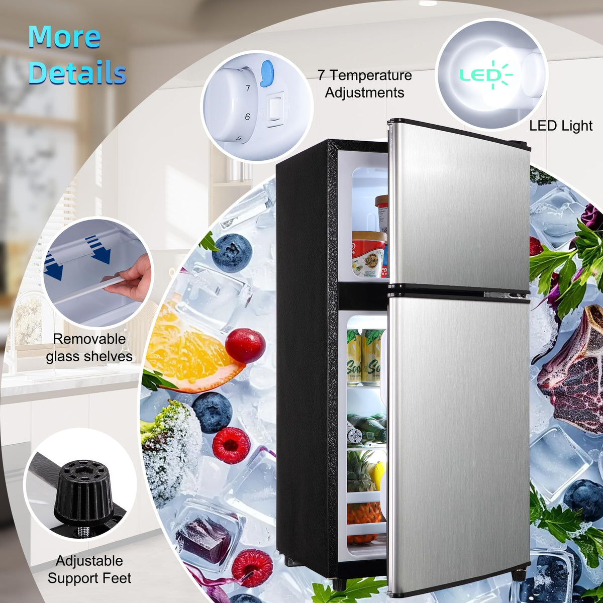Borcolo Dorm Fridge with Freezer, Small Refrigerator 3.45 Cu. Ft. with Freezer for Apartment, 7-Level Temperature Adjustable Apartment Size Fridge for Kichen, College, Office, Silver