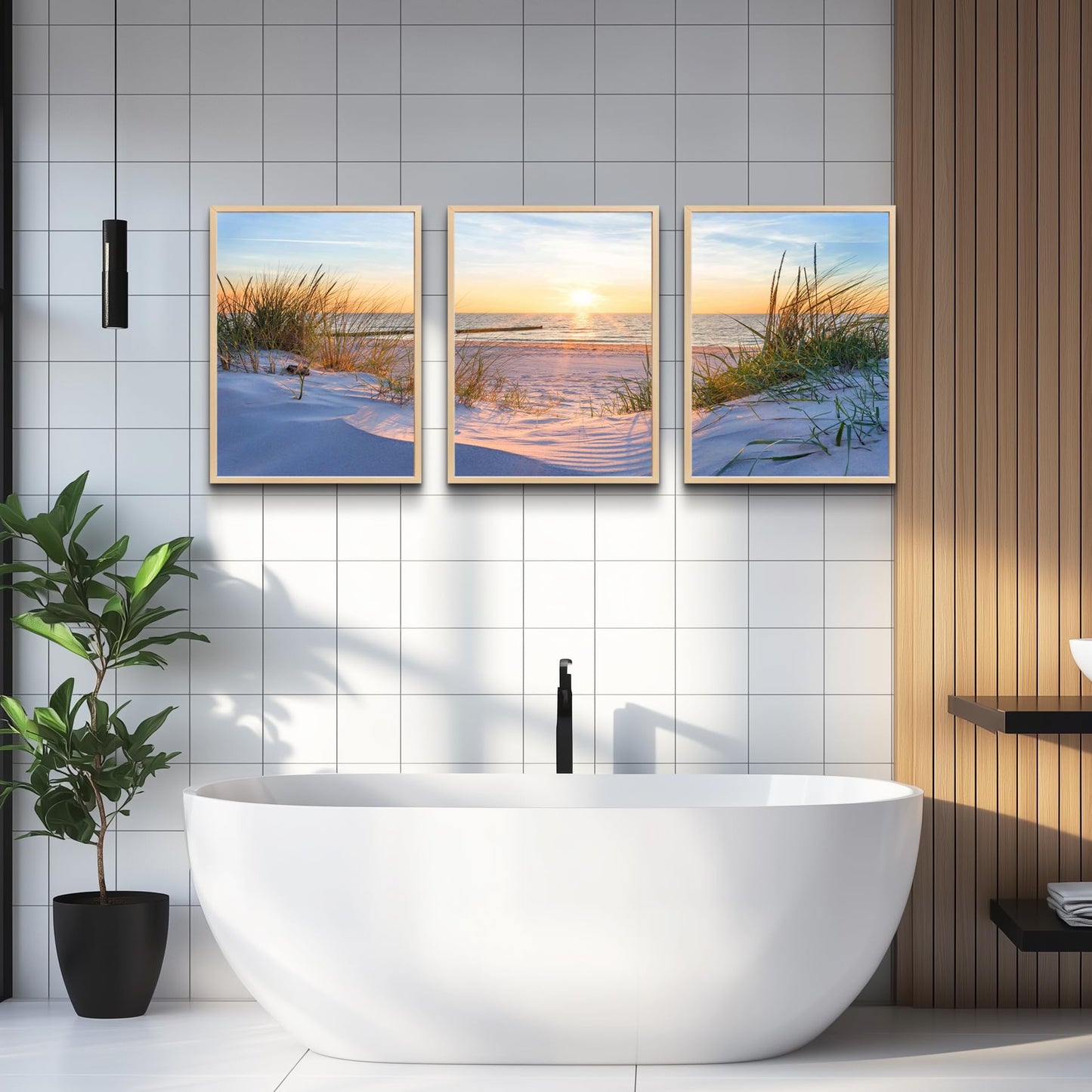 Natural Wood Framed Wall Art - Set Of 3 Piece Framed Art Prints For Living Room, Bedroom, Office Wall Decor - Blue Beach Seascape Paintings Home Decor