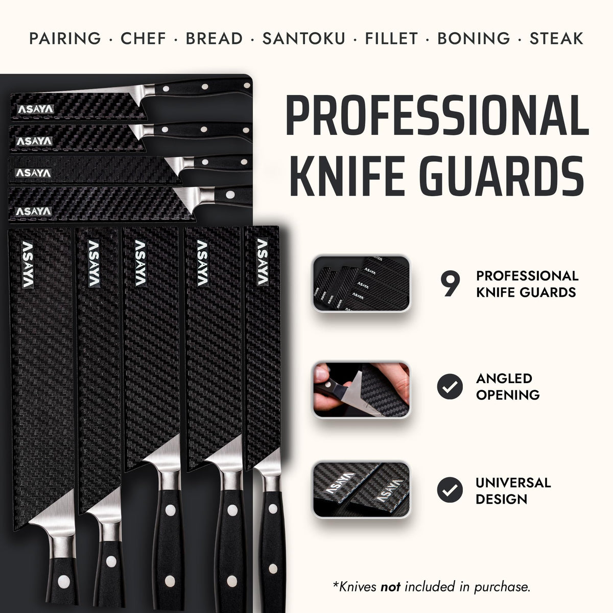 Asaya Professional Chef Knife Edge Guards – 9 Piece Knives Universal Covers - Extra Strength ABS Plastic and Food Safe Kitchen Knife Sheath Covers – Knives Not Included