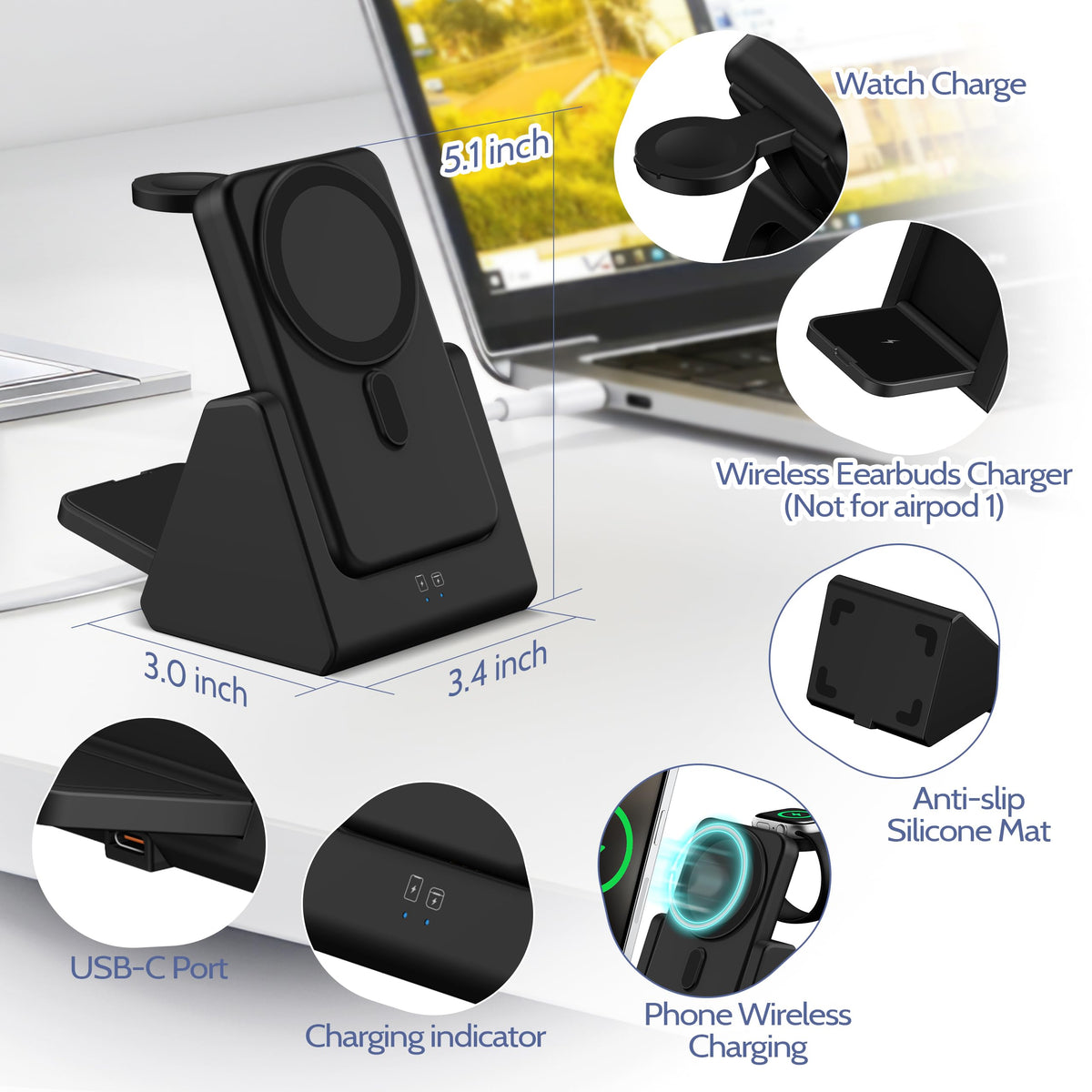 Smtcsl 3-in-1 Wireless Charging Station: Portable 10000mAh Power Bank Charger Compatible for Phone Air/17/16/15/14/13/12 Series and Watch - Detachable Magnetic Charging Stand Black