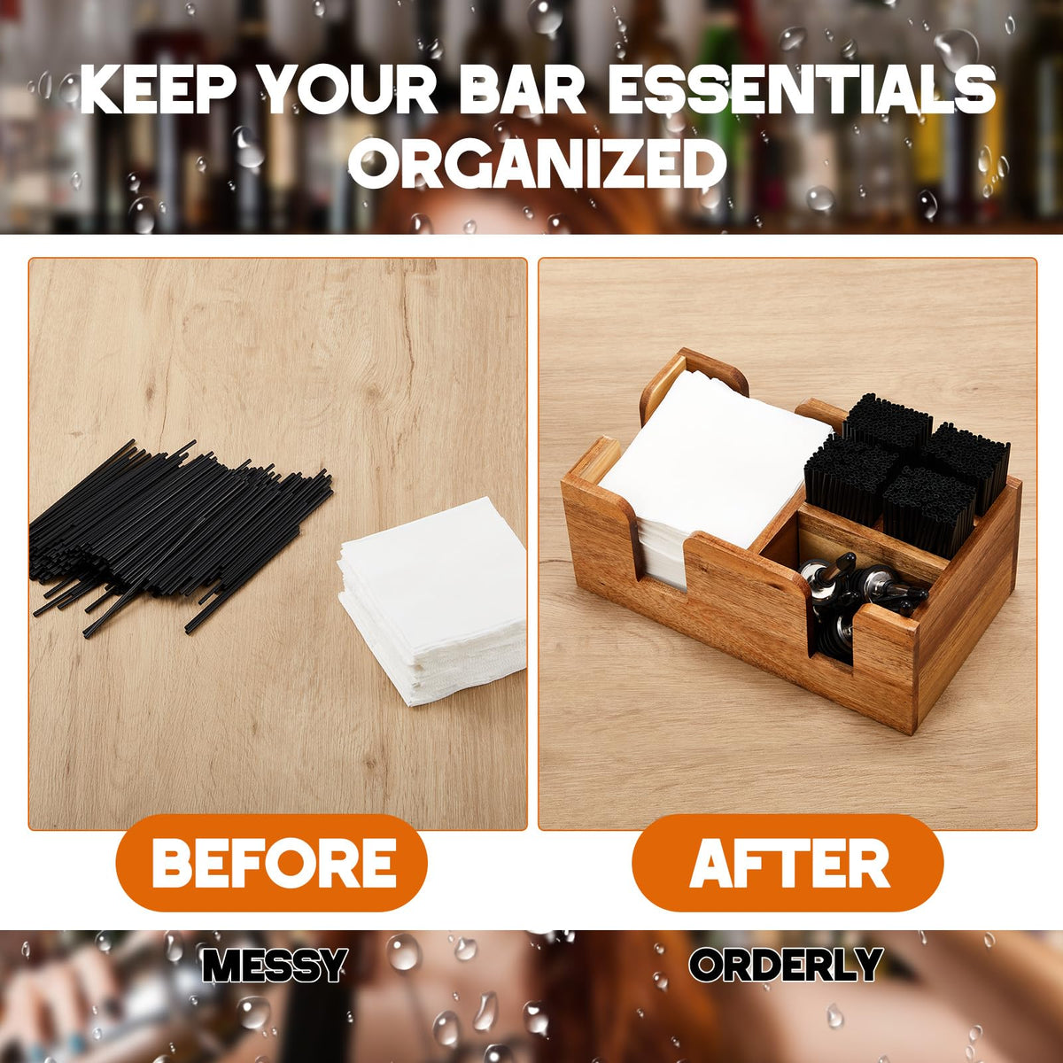 Mifoci Wooden Bar Caddy with 6 Compartments, Acacia Wood Bar Caddy Napkin & Straw Holder Organizer Cocktail Napkin Holder Condiments for Home Office Kitchen Countertop (Brown)