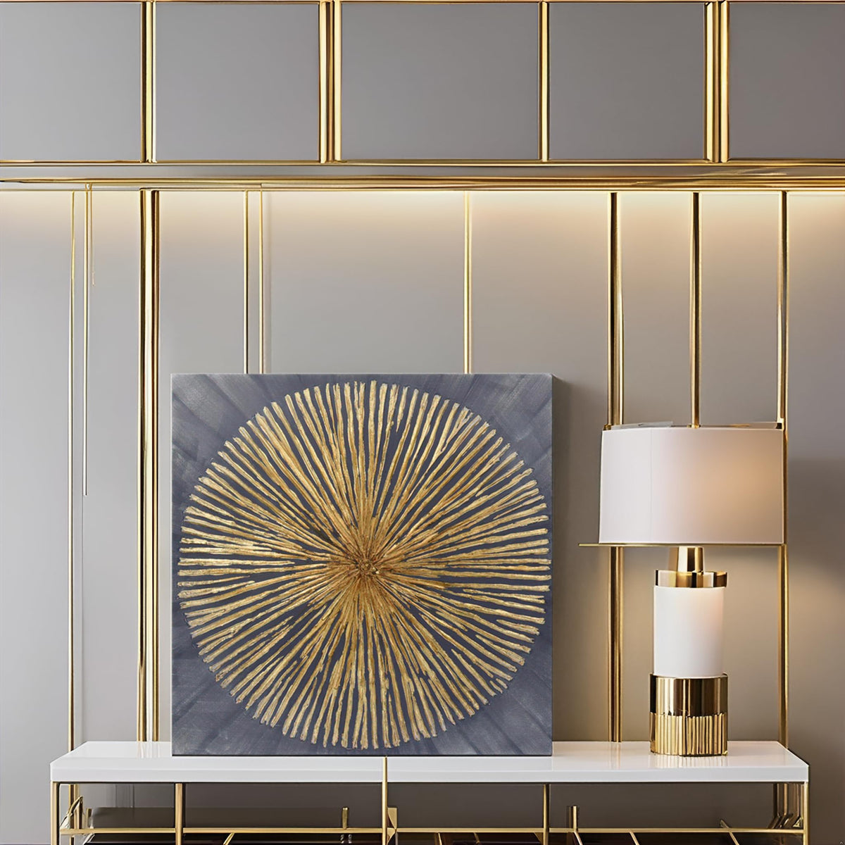 7Fisionart Modern Metal Sunburst Wall Art Gold & Grey Abstract Wall Decor Ready to Hang Radiant Framed Artwork for Living Room Bedroom Office 24x24 Inch
