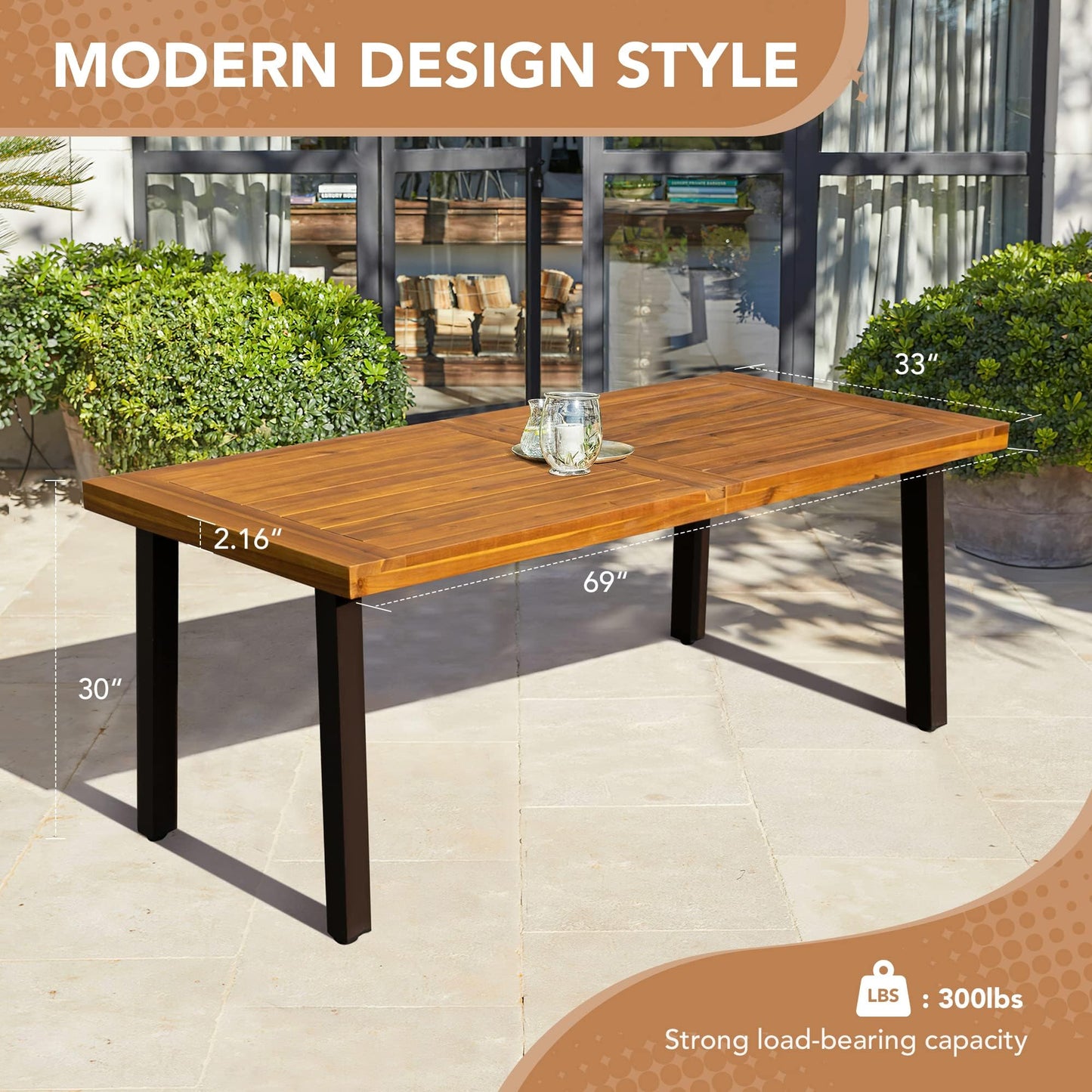 Devoko Home Acacia Wood Dining Table 6-Person Indoor Outdoor Table with Iron Legs, Sandblast Finish, Natural Stained, Rustic Metal, 69 * 33 * 30 inch (Natural)