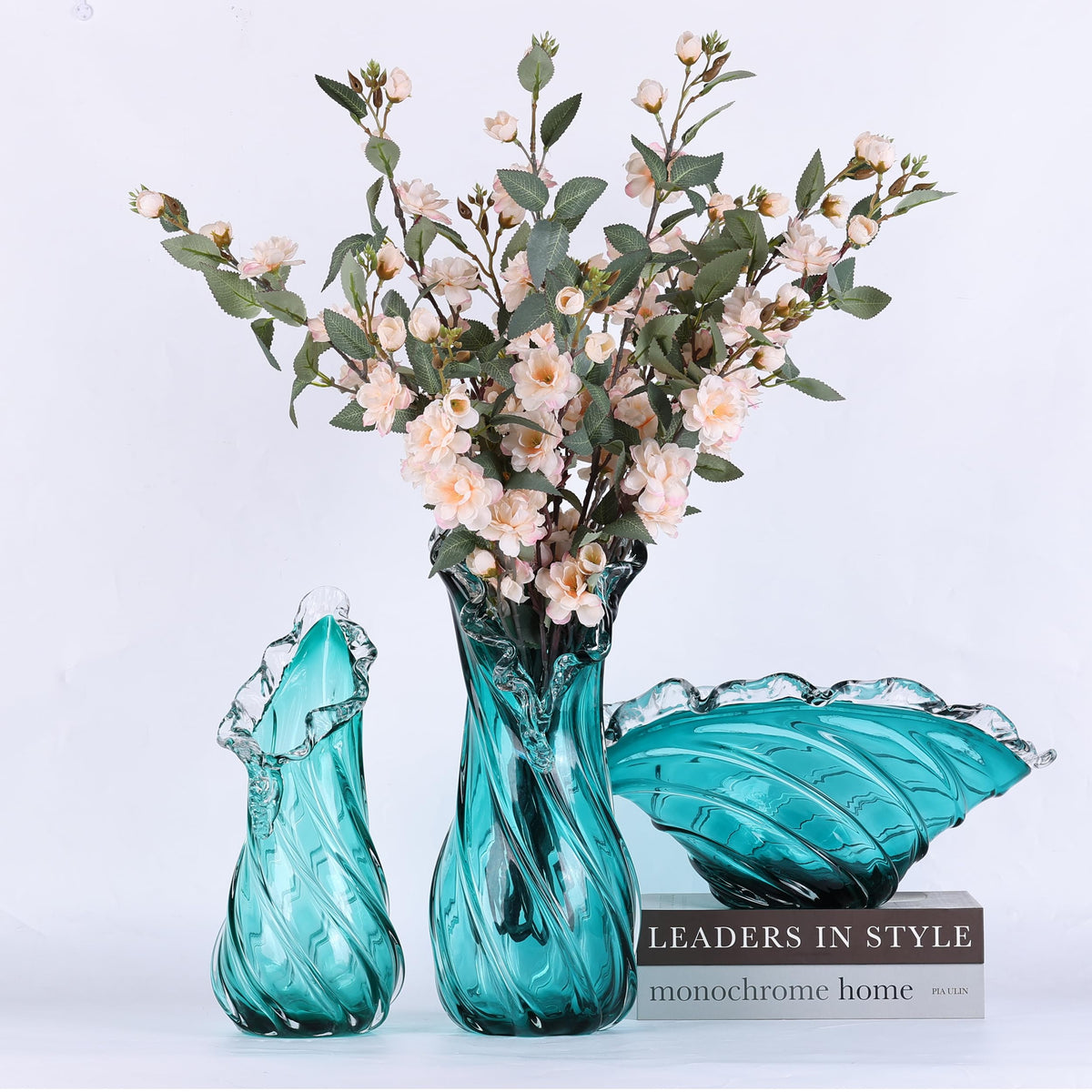 suruim Hand Blown Blue Ocean Wave Crystal Glass Bowl - Large Glass Bowl Decorative Sea Glass Fruit Bowls Art for Coastal & Modern Home Office Centerpiece