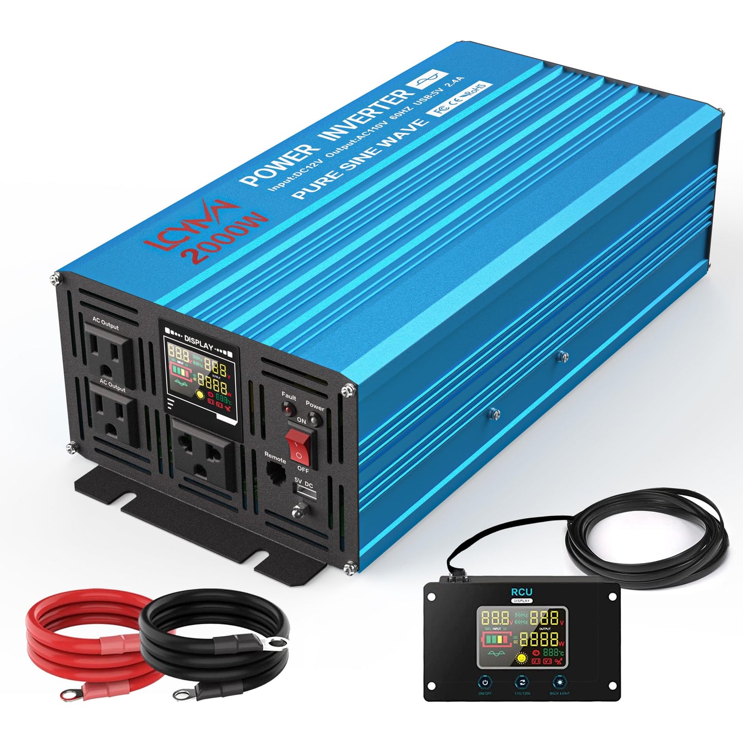 LCYMW 2000 Watt Inverter Pure Sine Wave DC 12V to 110V AC Power Inverters with 3 AC Charger Outlets, Car Inverter Solar Power Inverters for Vehicles Home with LCD Display and 2.4A USB Charging Ports