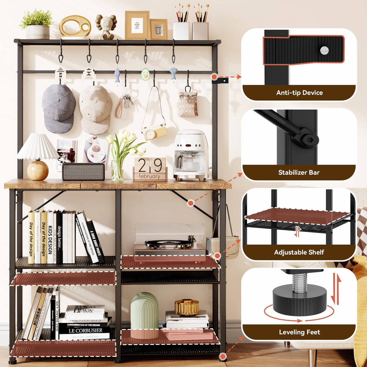 YASONIC Coffee Bar, Bakers Rack with Storage, 34.3 Inches Microwave Stand, 4 Tier Kitchen Shelves Appliance Storage, 14 S Hooks Large Coffee Station for Spices, Pots and Pans, Rustic Brown