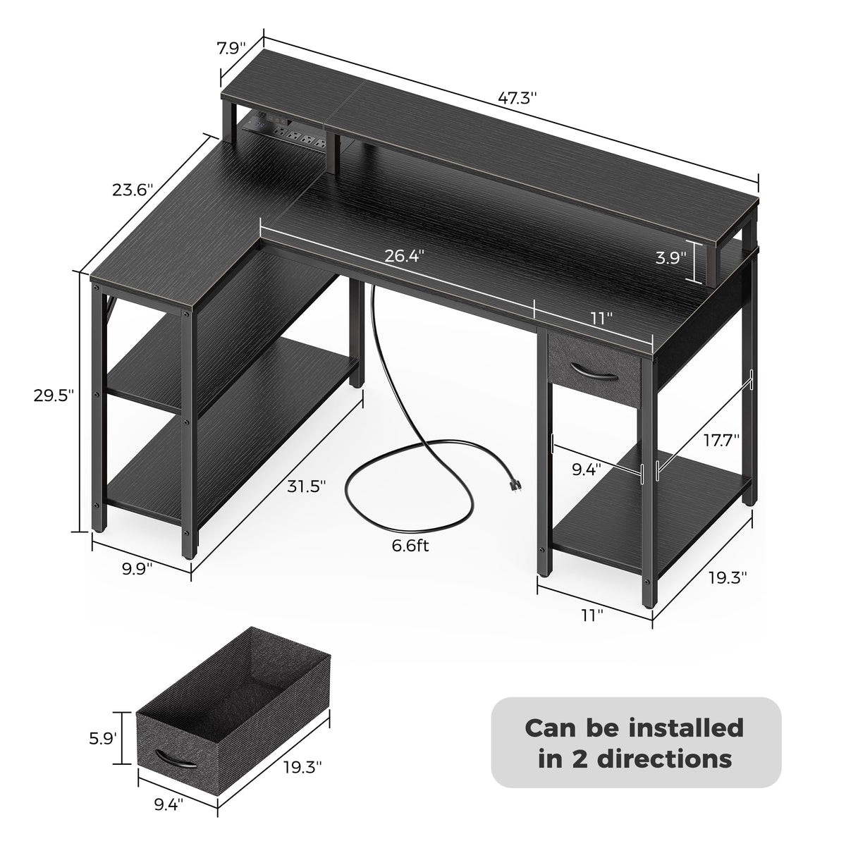 SUPERJARE 47 inch L Shaped Gaming Desk with LED Lights & Power Outlets, Reversible Computer Desk with Shelves & Monitor Stand, Corner Desk with Drawer, for Home & Office, Black