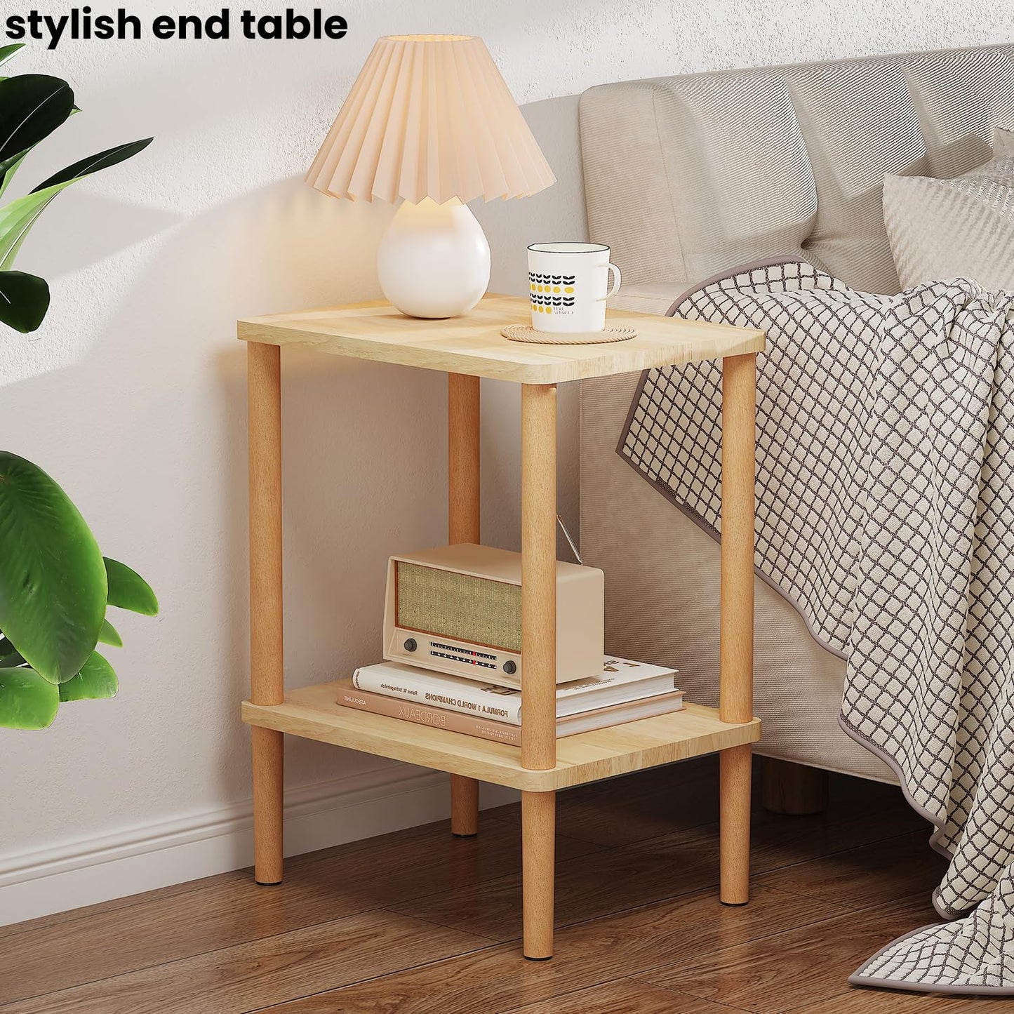 LUCKNOCK Solid Wood Side Table, 2-Tier Small End Table with Storage Shelf, Narrow Nightstand Bedside Table for Small Spaces, Bedroom, Living Room, Farmhouse, No-Tool Assembly.