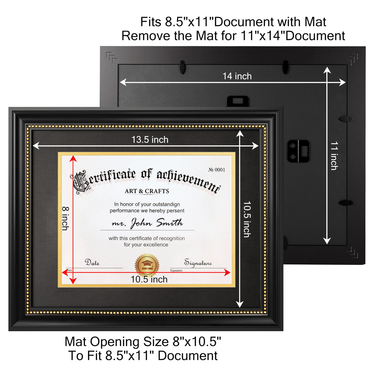 Yaetm 11x14 Diploma Frame, Certificate Frame with Tempered Glass, Display 8.5x11 Document with Black Over Gold Acid-free Mat, Degree Frames for Wall and Tabletop, Black with Gold Beads, 1 Pack