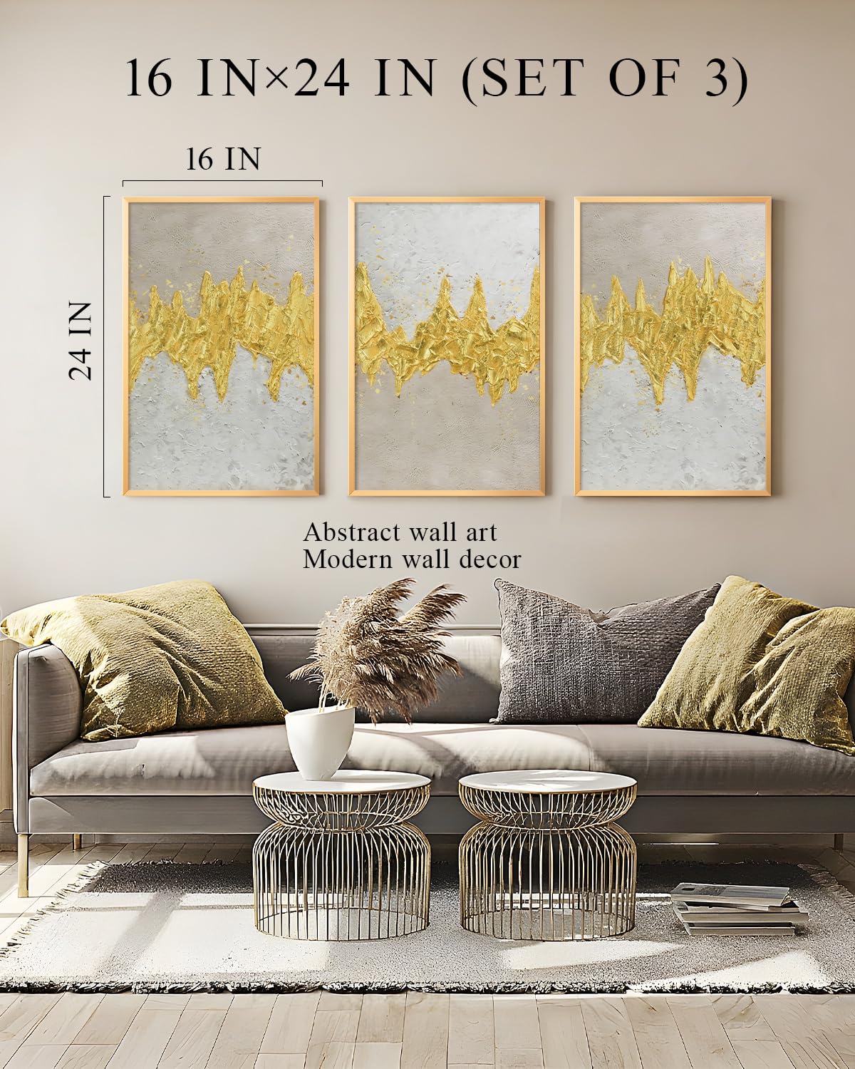 VIYYIEA Metal Framed 3D Texture Large Wall Art Set 3 Pcs Modern Neutral Artwork Abstract Gold Textured Painting Canvas Print for Living Room Bedroom Dining Room Office Gallery - 16x24 inch