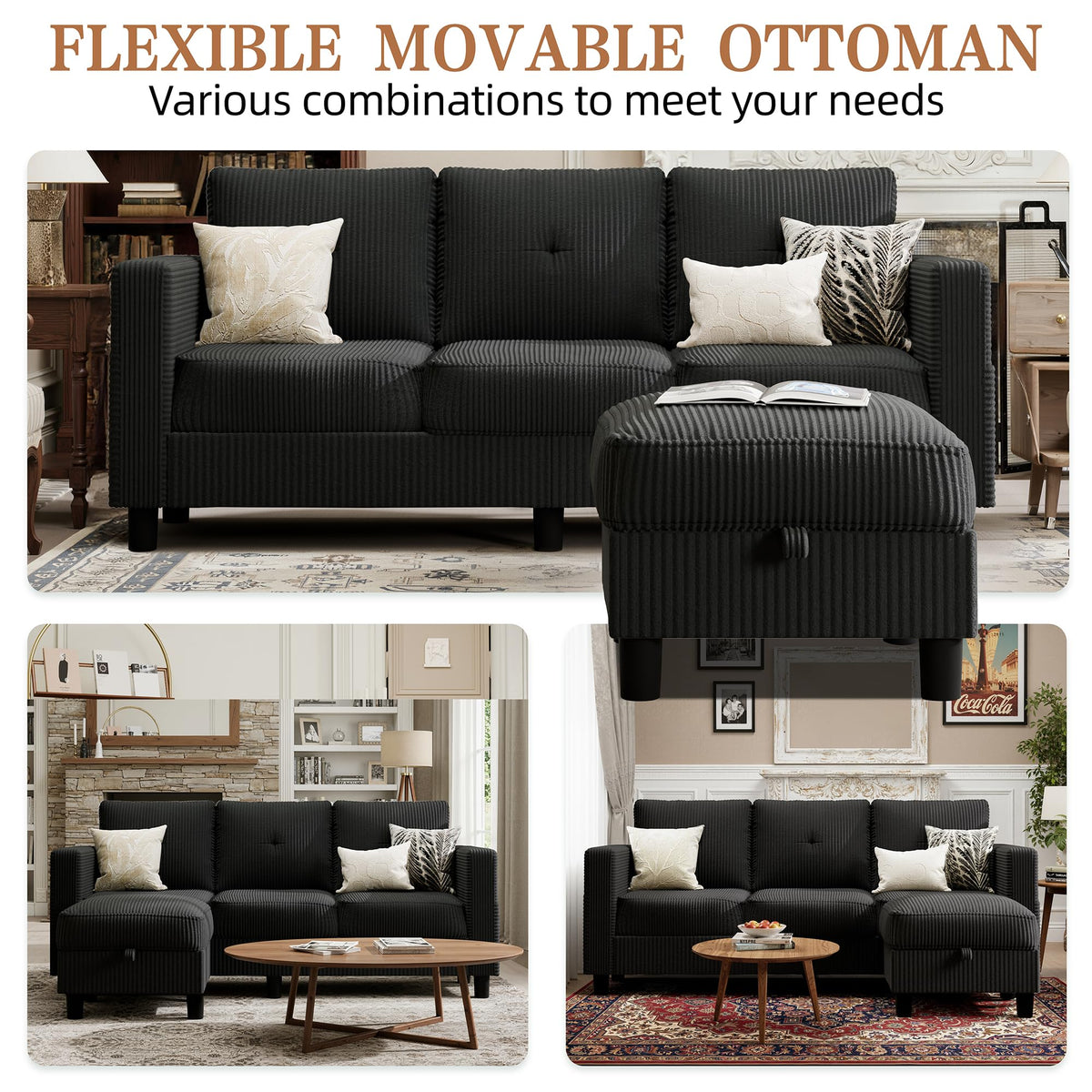 Shintenchi Modern Upholstered Sectional Sofa, L-Shaped Couch with Storage Ottoman and Reversible Chaise for Living Room, Black Corduroy Fabric