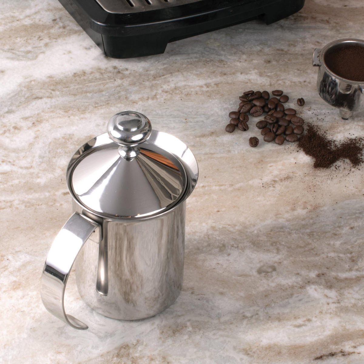 Fino Milk Creamer Frother Cappuccino Foam Pitcher with Handle and Lid, 18/8 Stainless Steel, 14-Ounce Capacity