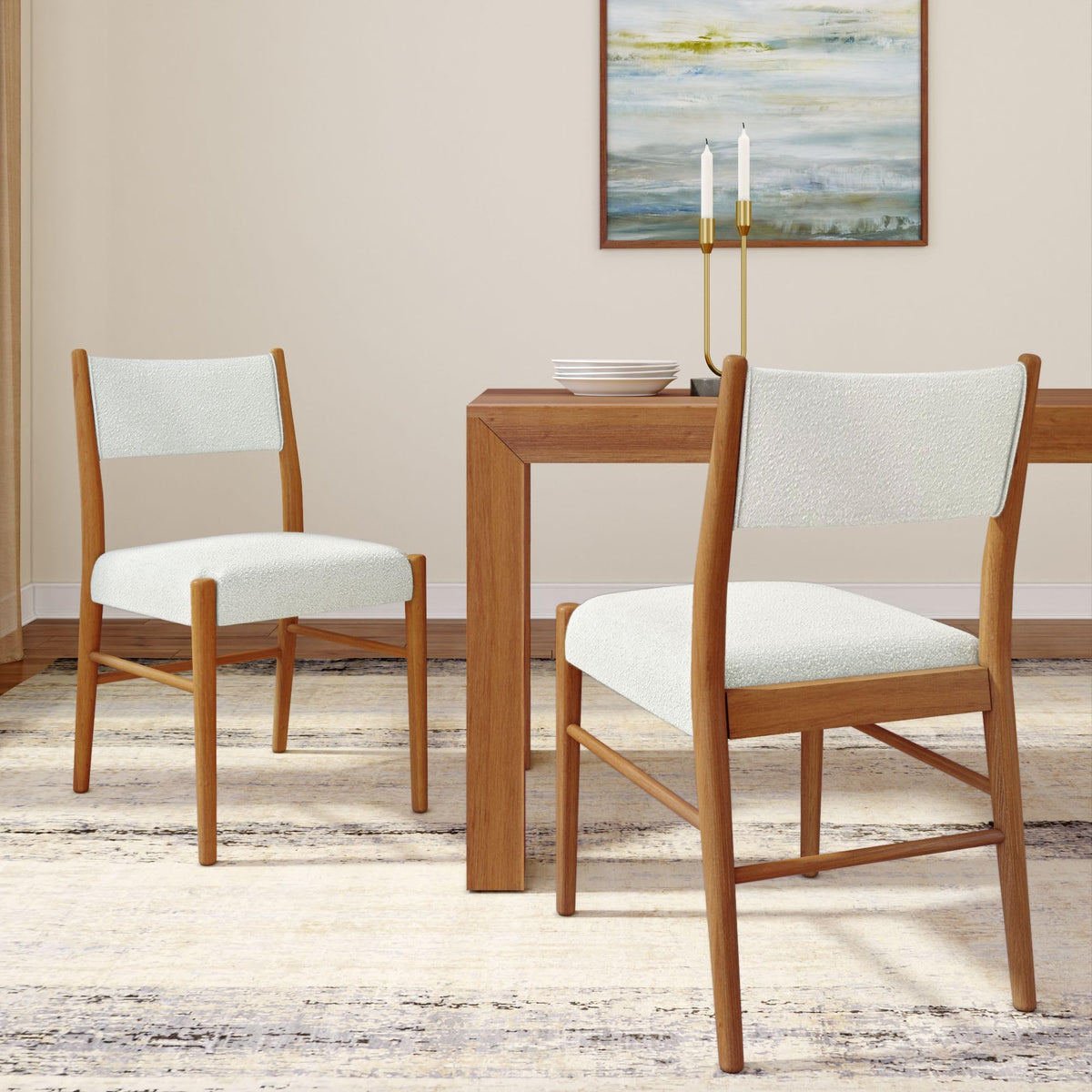 Plank+Beam Brio Dining Chair (2-Pack) - Upholstered Bouclé Seat, Solid Rubberwood Frame, Low-VOC Finish, Easy Assembly, Pecan/Ivory