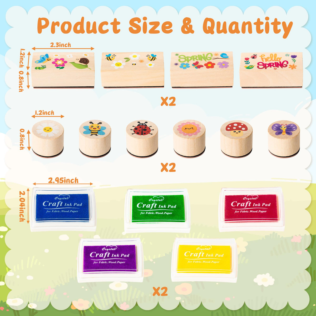CUweipeng Spring Wooden Rubber Stamps - 30 Pcs Hello Spring DIY Craft Card Stamps Pads Animal Flower Rubber Ink Pads Set for Kids Birthday Gift Favor Classroom Card Scrapbooking Making Supplies