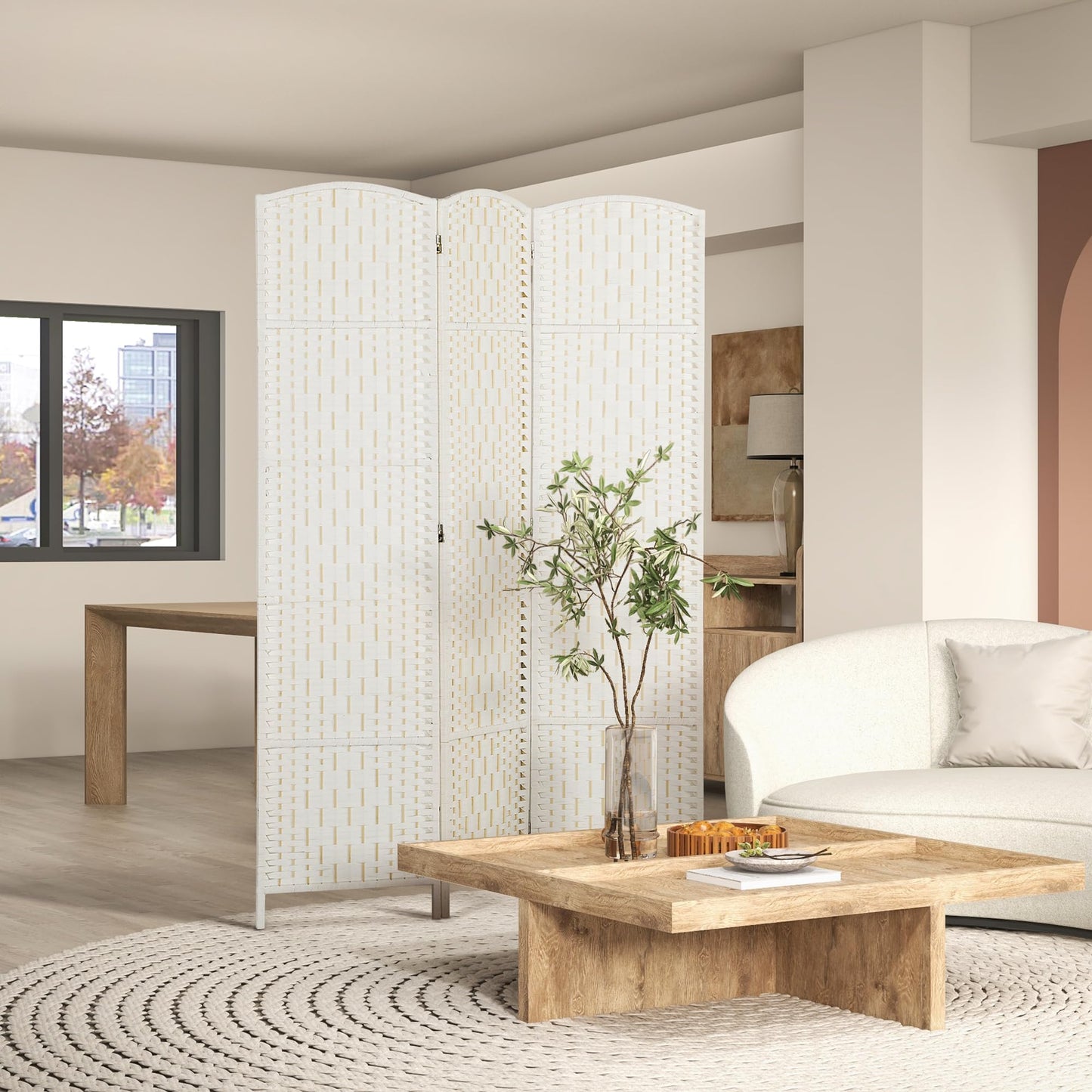 HOMCOM Room Divider 3 Panel, 6FT Tall Folding Privacy Screen, Freestanding Hand-Woven Partition for Room Separation with 360° Hinges, Paper Rope Diamond Weave, White