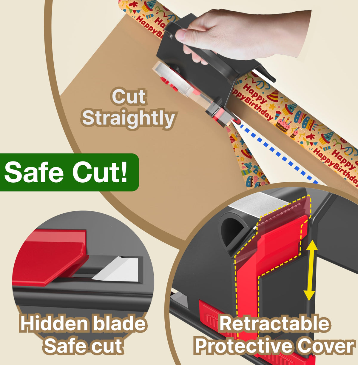 Wraprocut (2-Pack) Wrapping Paper Cutter & Tape Dispenser Dual Use with 4 Tapes，2 Replace Blades Kit for Christmas Gift Wrap Cutter Tool Paper Roll Holder Tube Sliding Slicing for Birthday Holiday.