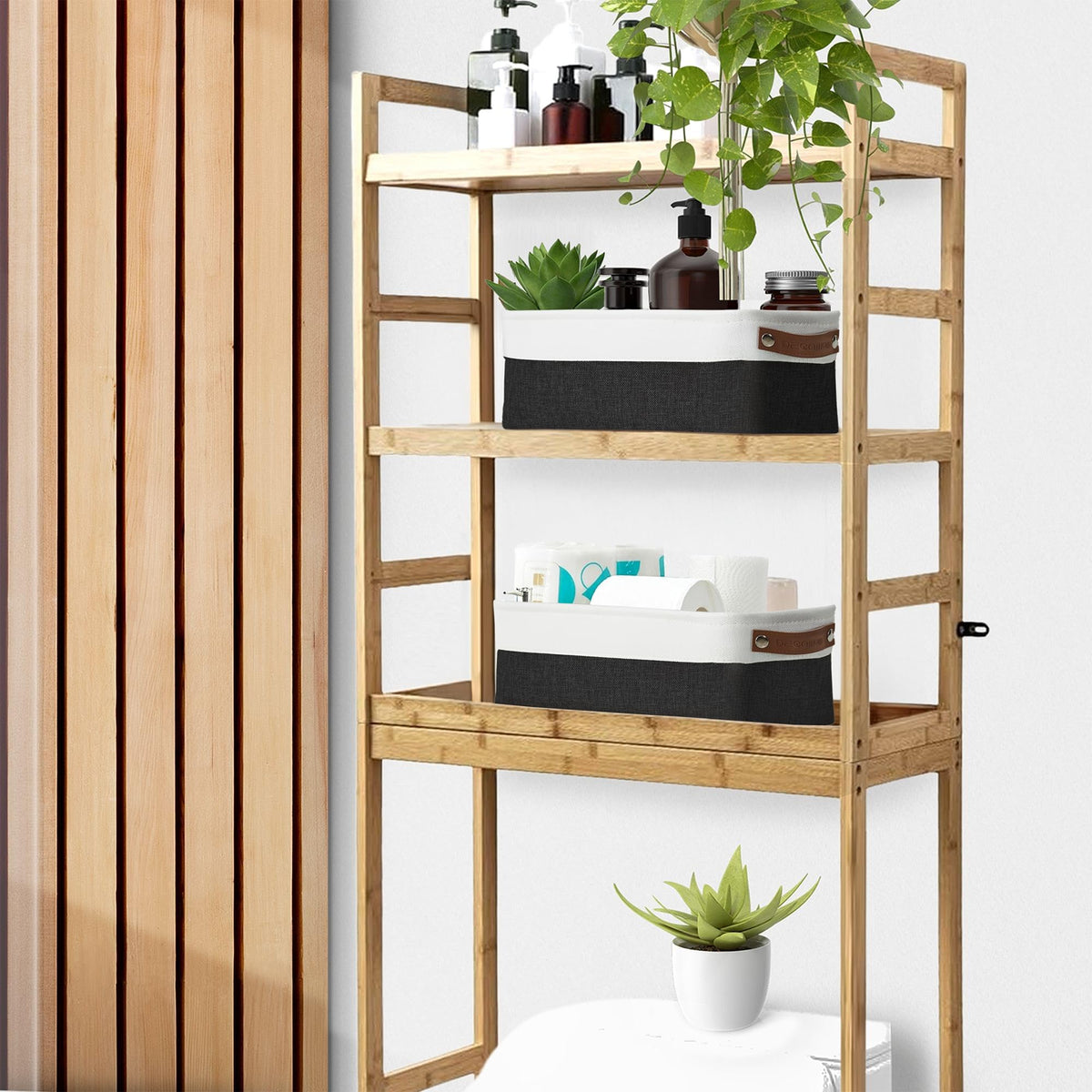 DECOMOMO Narrow Storage Bins Small Baskets for Organizing Bathroom, Toilet Tank, Towel Storage, Entryway, Gifts (Black and White - Set of 4)