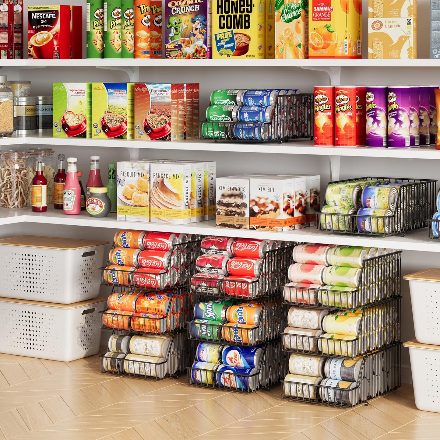 3 Pack Can Storage Organizer For Pantry,Stackble Widen Can Holder Rack With 3 Adjustable Dividers, Can Dispensers For Soup Soda Canned Food Water Bottle, Pop Drink Organizers for Cabinet Shelf