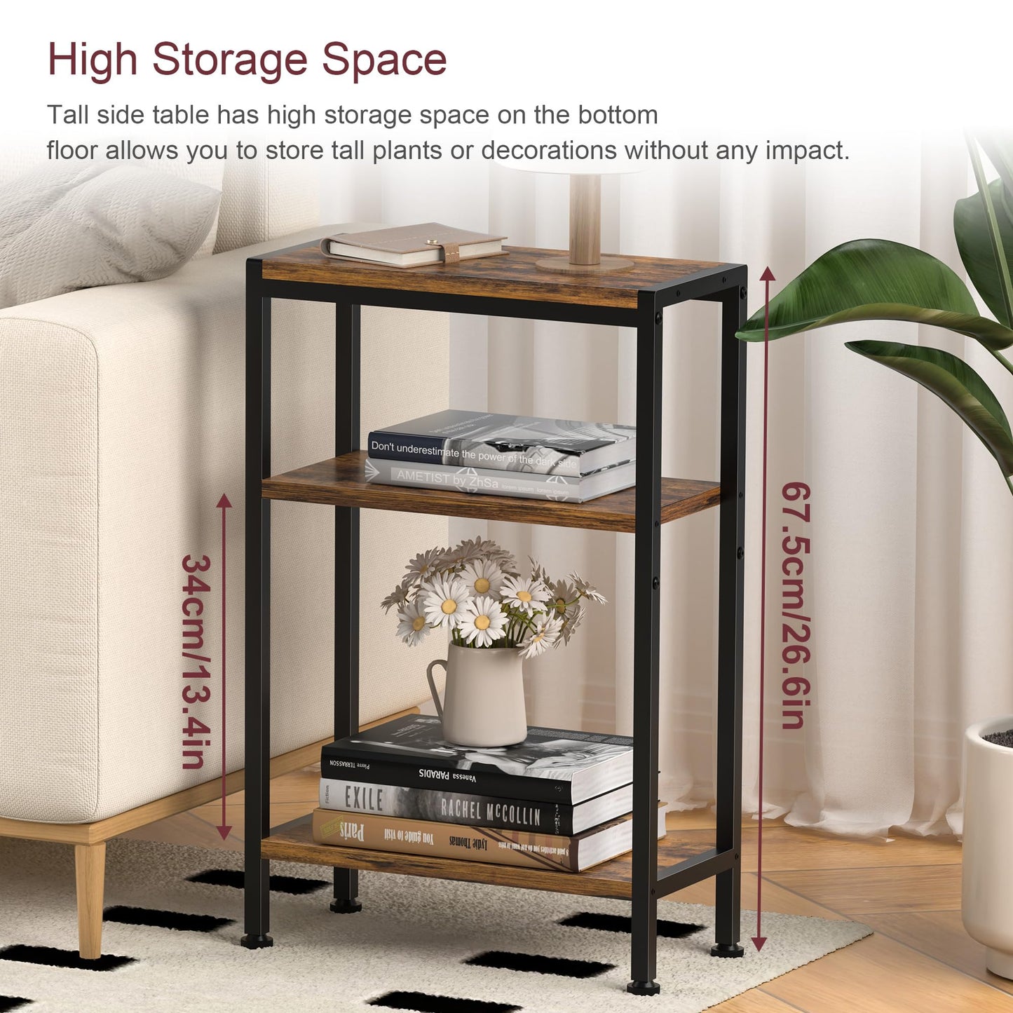 Homedawn Narrow Side Table for Small Space, 3 Tier Slim End Table, Thin Nightstand, Skinny Snack Couch Table, Sofa Bedside Table in Living Room, Bedroom, Study, Kitchen and Balcony (Rustic Brown)