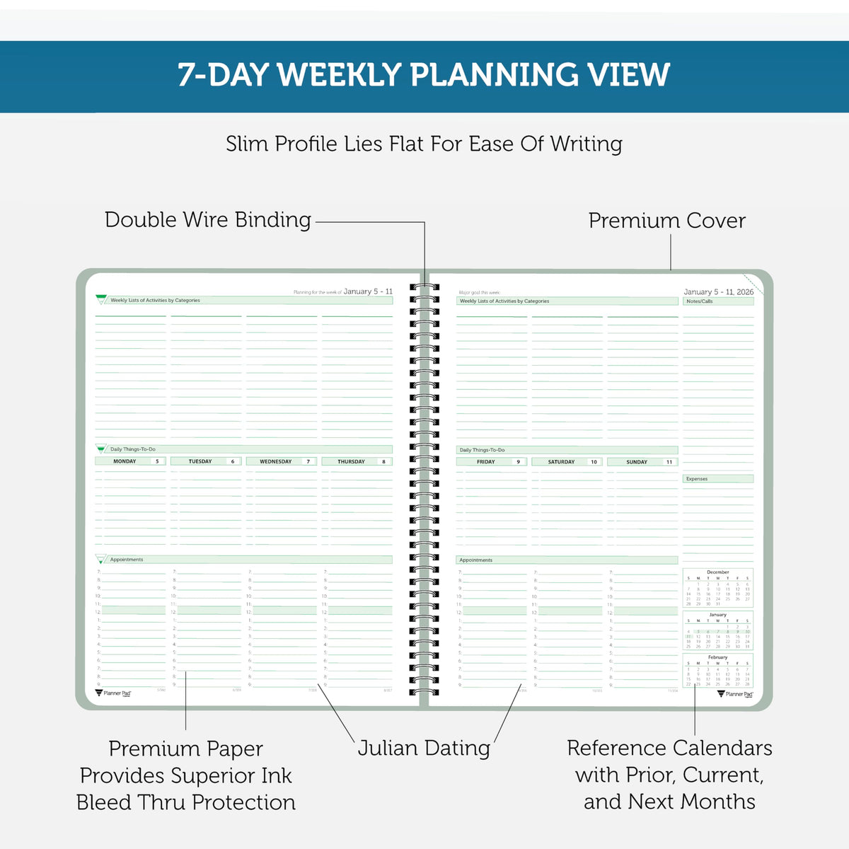 Planner Pad Spiral Bound January-December 2026/ Calendar Year 8 1/2" x 11" Large 3-Tier Funnel Down 12 Month Organizer, Greenish Grey Cover/Soft Green Ink