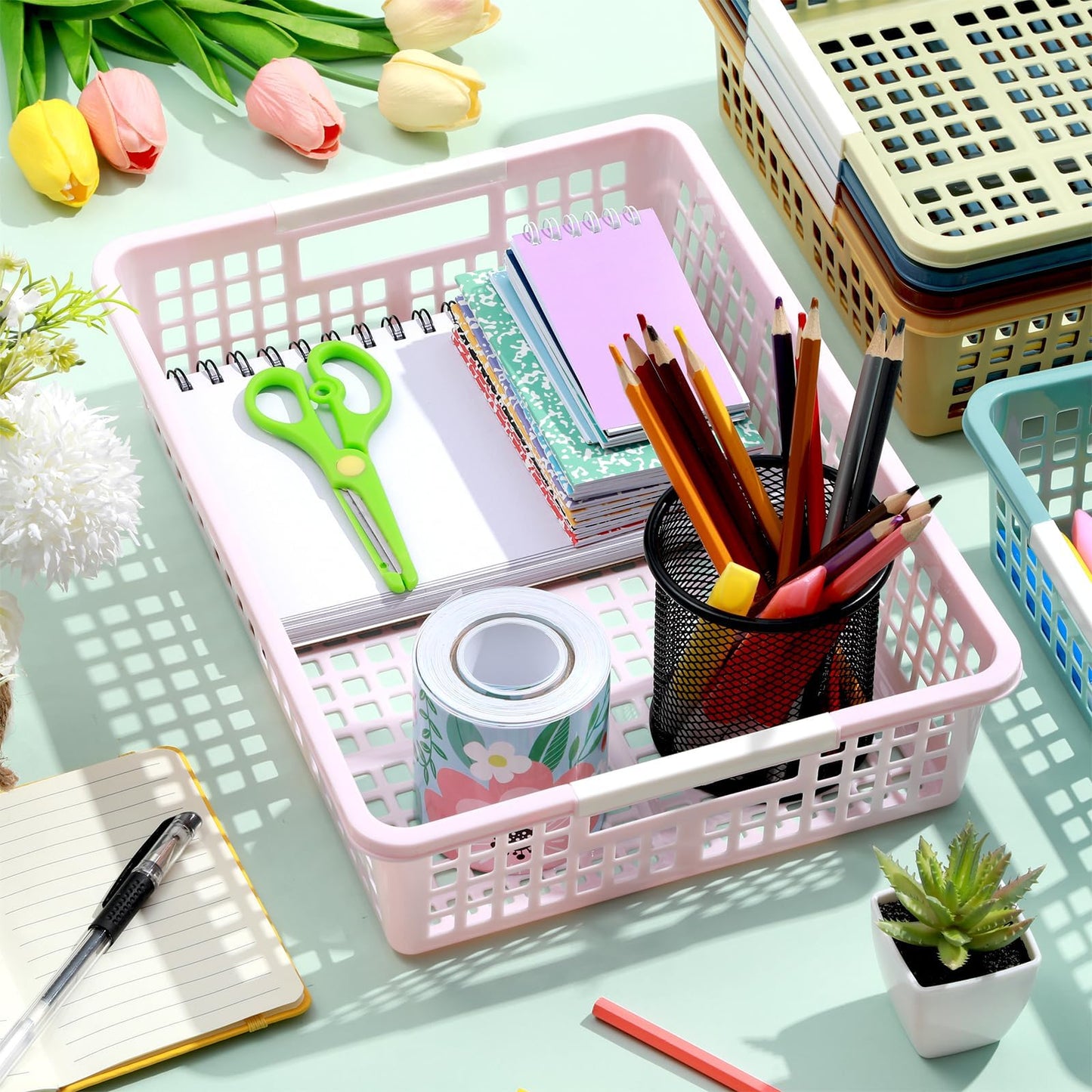 gisgfim 6 Pack Plastic Turn in Paper Trays for Classroom Storage Bin Basket Organizers for School Teacher Supplies Classroom Office Home Organization and Storage Tray Holds 4A Paper File (Retro)