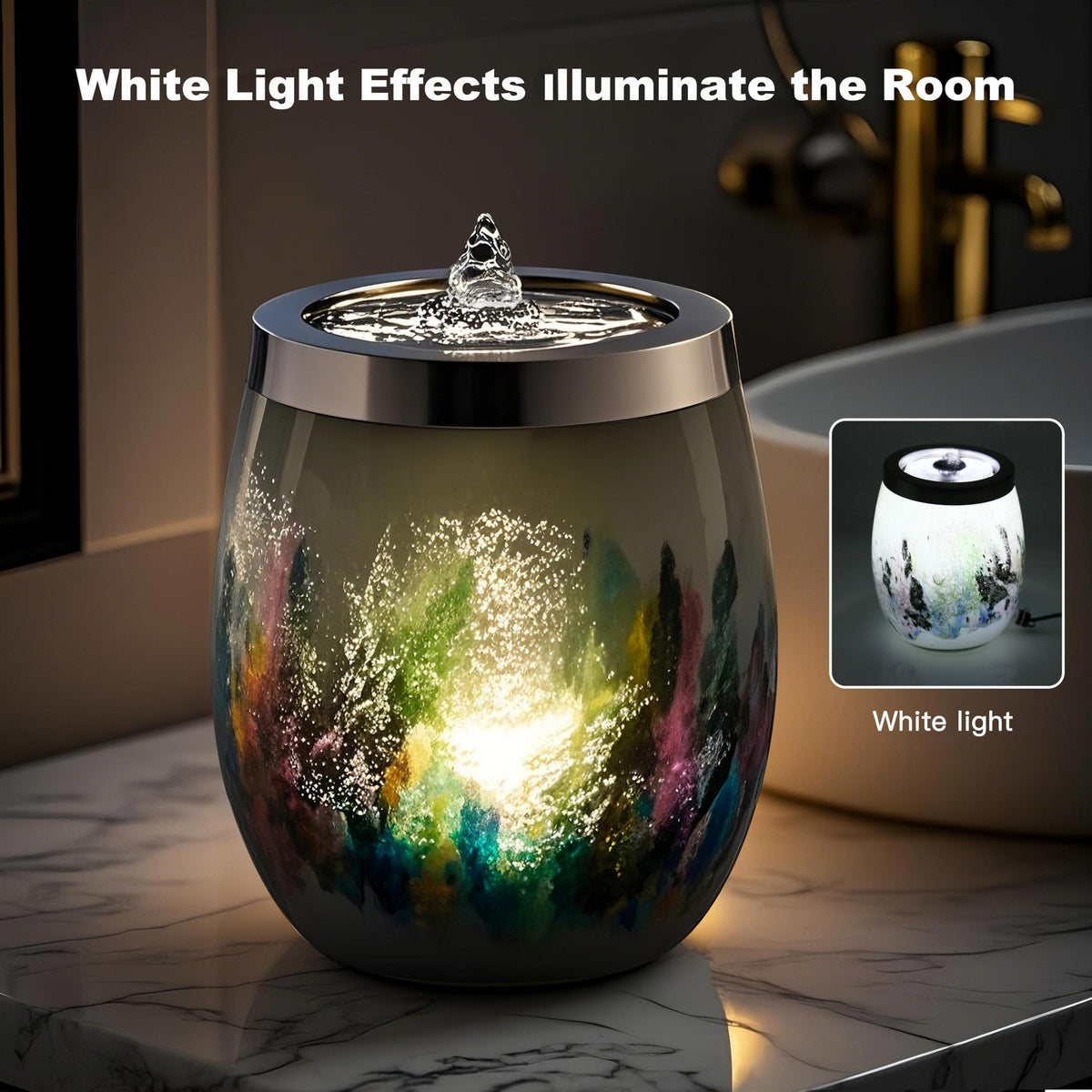 VOREEN Handblown Art Glass Tabletop Fountain, Quiet USB Desk Water Feature for Home & Office, Artisan-Made Landscape Glass Water Design with Soft White Ambient Glow, Collectible Décor Gift – Grey