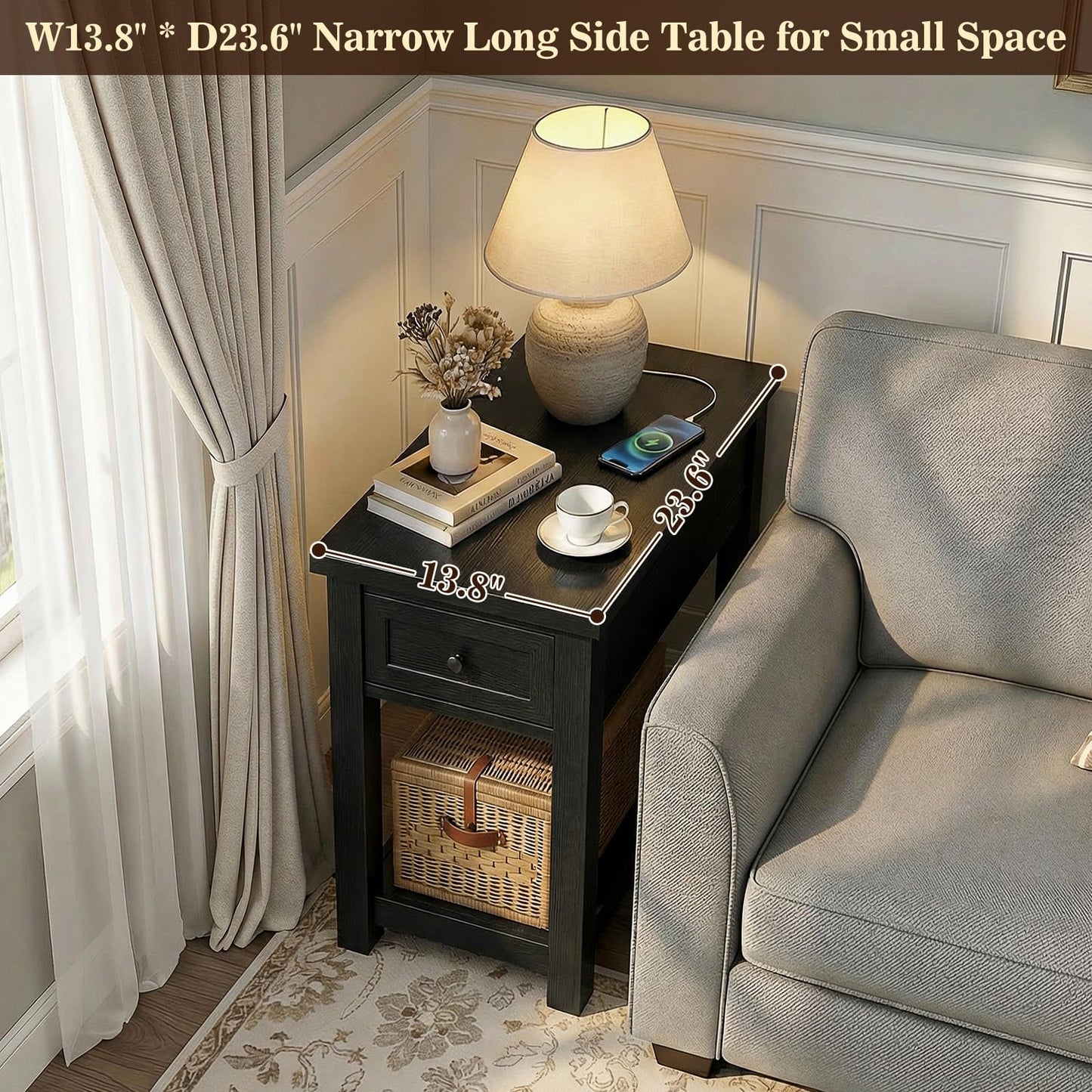 Armocity Narrow End Table with Charging Station - Farmhouse Side Table with Drawer, 14" Wide Wood Nightstand Slim Couch Bedside Table for Living Room Bedroom Small Spaces, Black