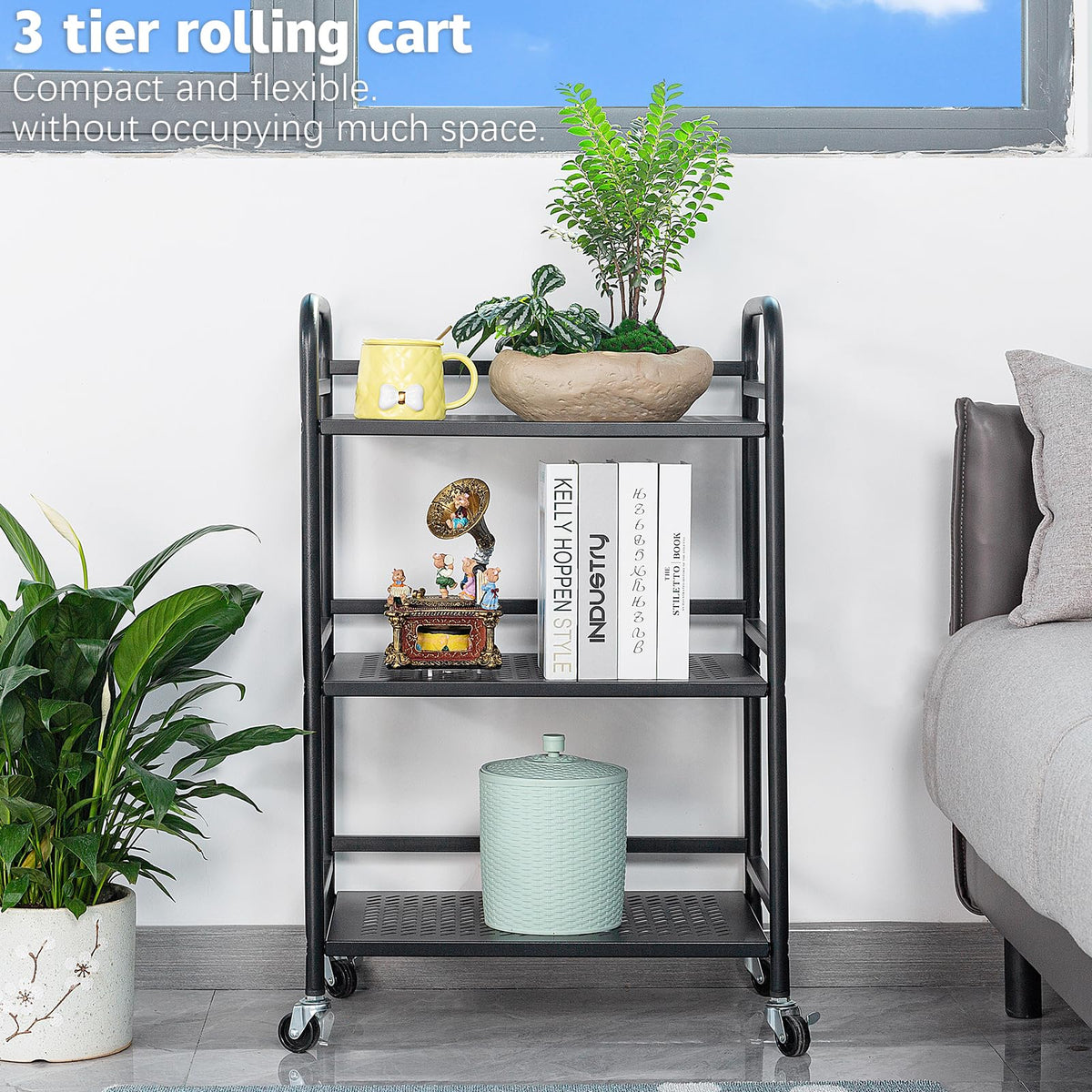 HDANI 3 Tier Rolling Cart,Heavy Duty Multifunctional Metal Frame-Supports 22 Lbs Per Tier,Mesh Rolling Cart with 2 Lockable Wheels for Office,Home,Bedroom,Kitchen,Bathroom,Black