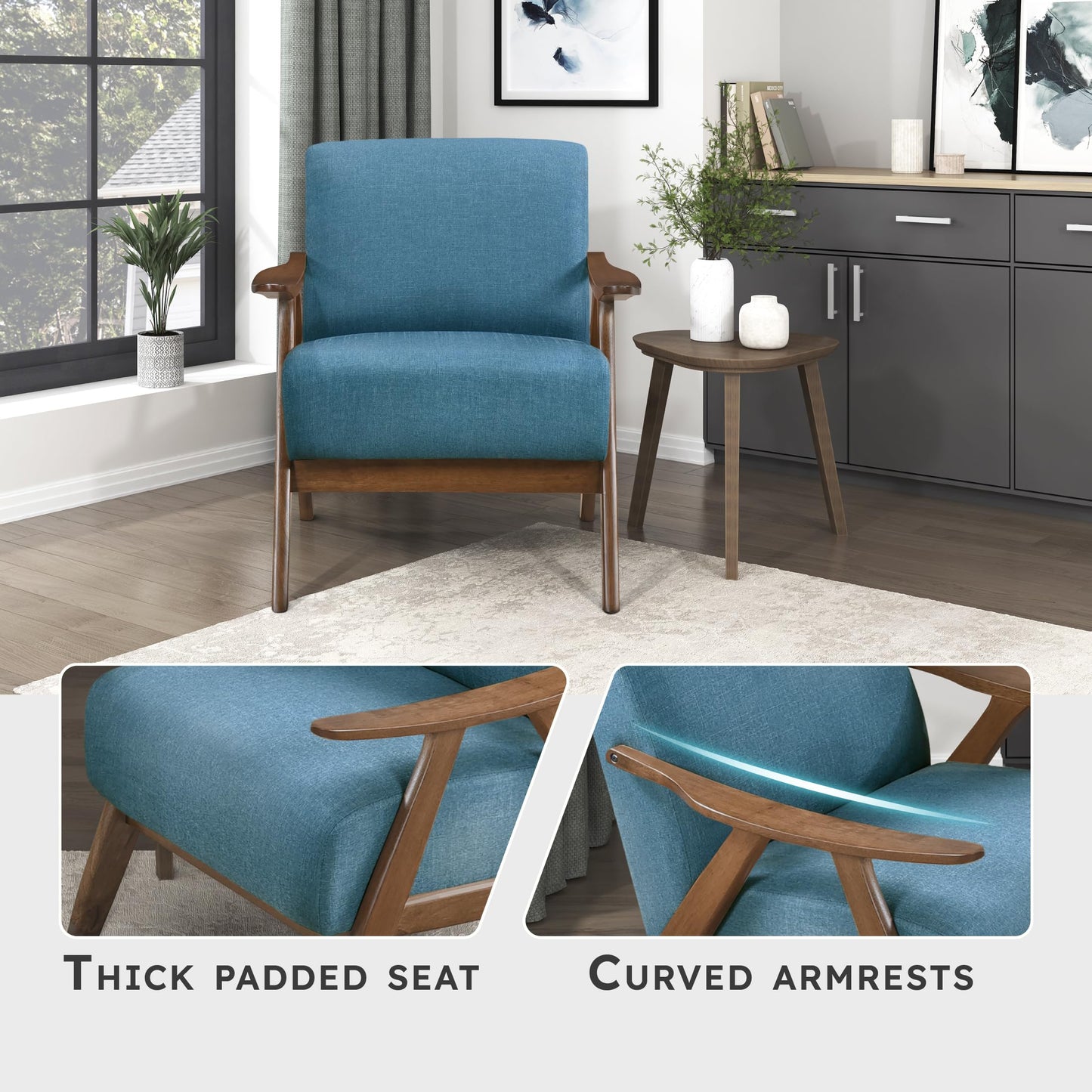 Lexicon Mid Century Modern Accent Chair with Solid Wood Frame in Walnut Finish, Upholstered Living Room Lounge Arm Chair, Thick and Comfy Innerspring Seat Cushion, Linen-Look Fabric, Blue