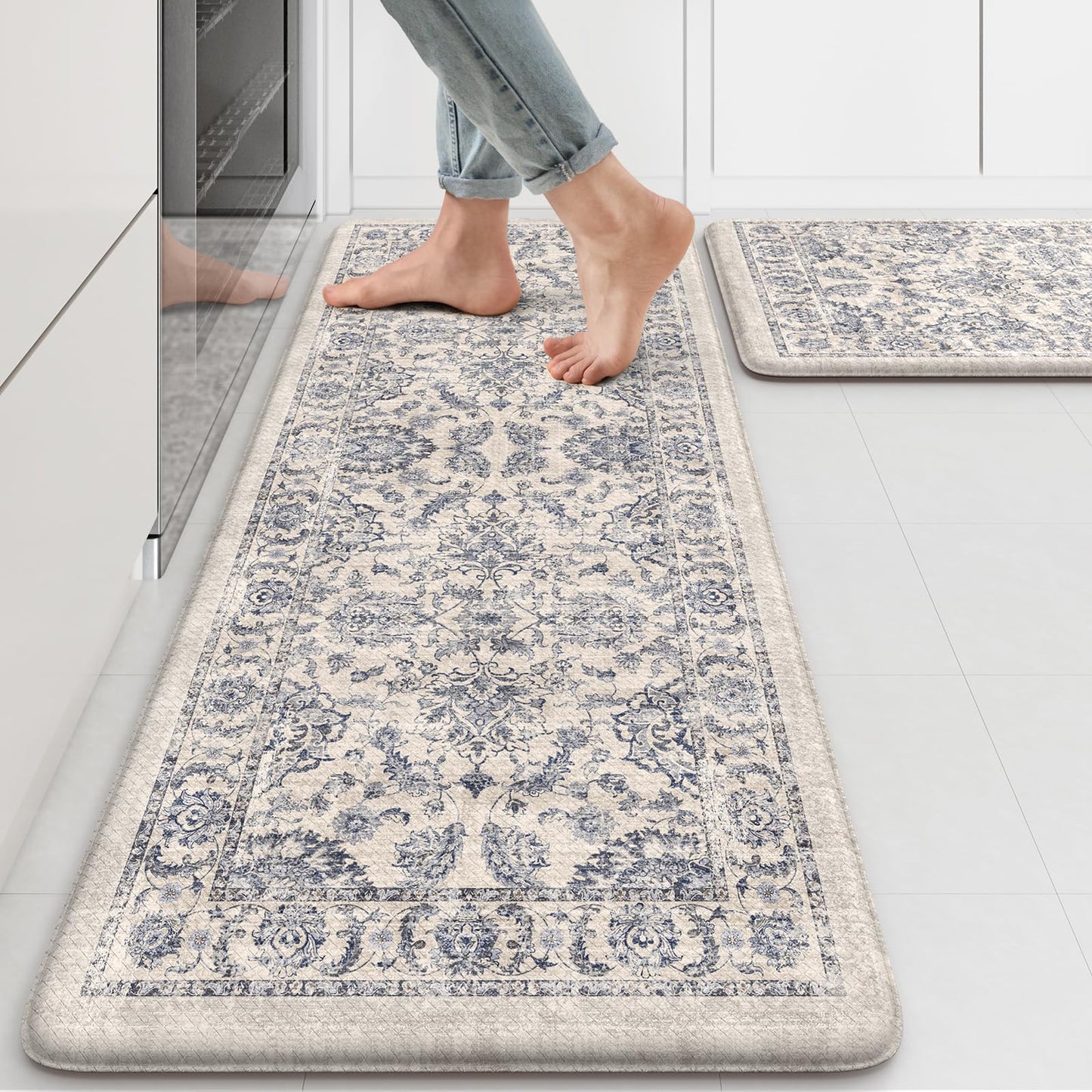KIMODE Anti Fatigue Kitchen Mats for Floor, Boho Floral Kitchen Rugs 17"x29.5"+17" x47”, Cushioned Mats for Kitchen Floor, Non Slip Kitchen Floor Mats, Sink, Laundry, Office, Desk Blue Multi